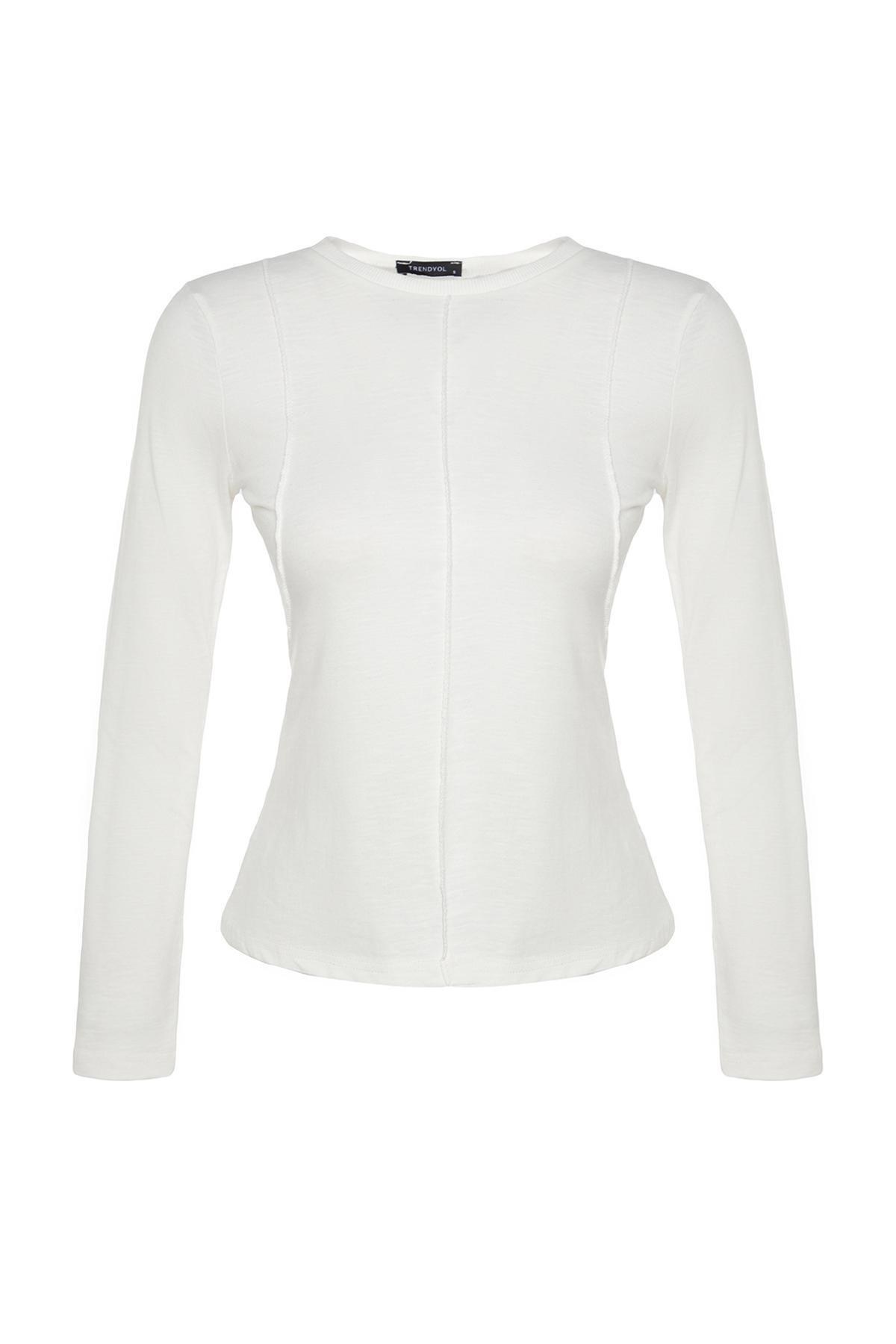 White Crew Neck Detailed Knitted T-Shirt, Ecru, large image number 5