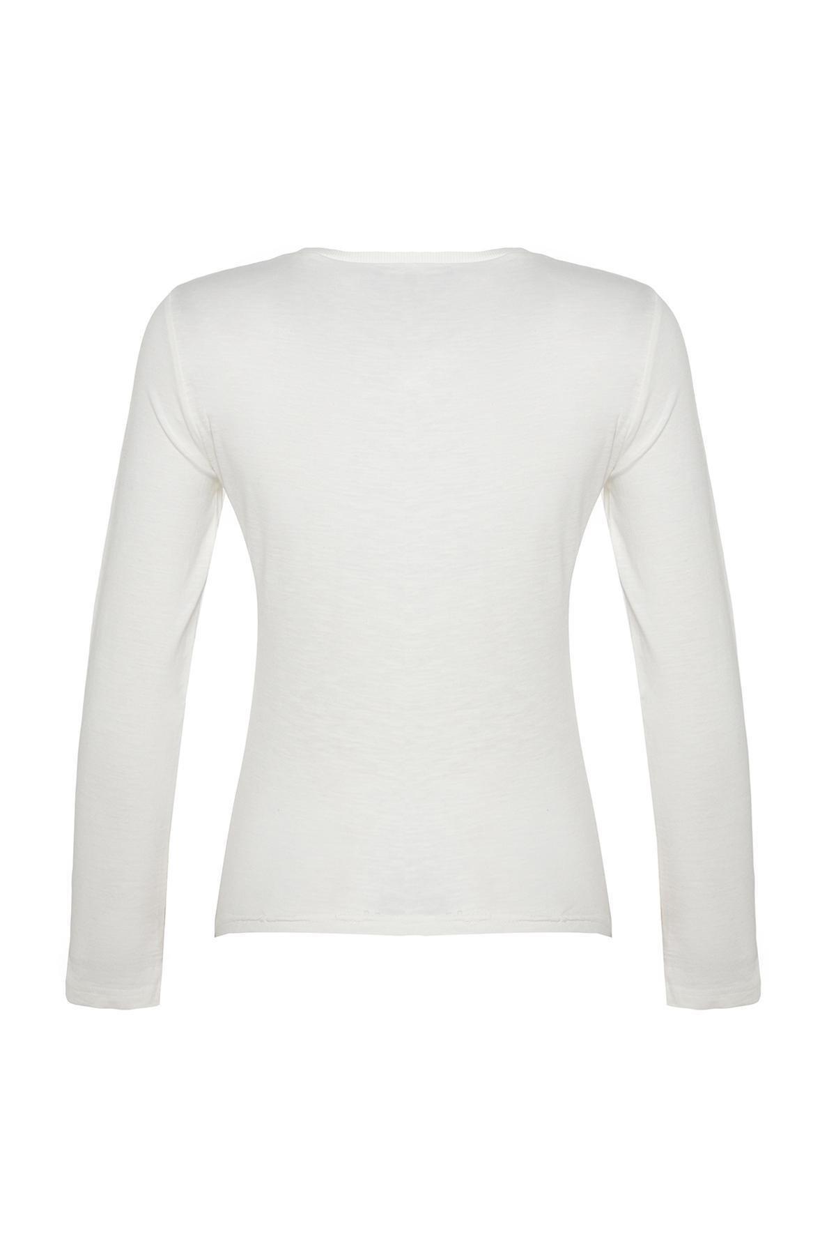 White Crew Neck Detailed Knitted T-Shirt, Ecru, large image number 7