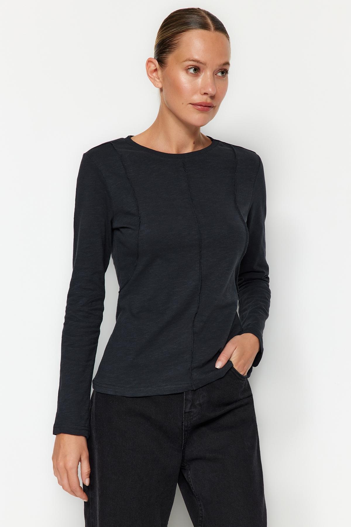 Grey Crew Neck Detailed Knitted T-Shirt, , medium