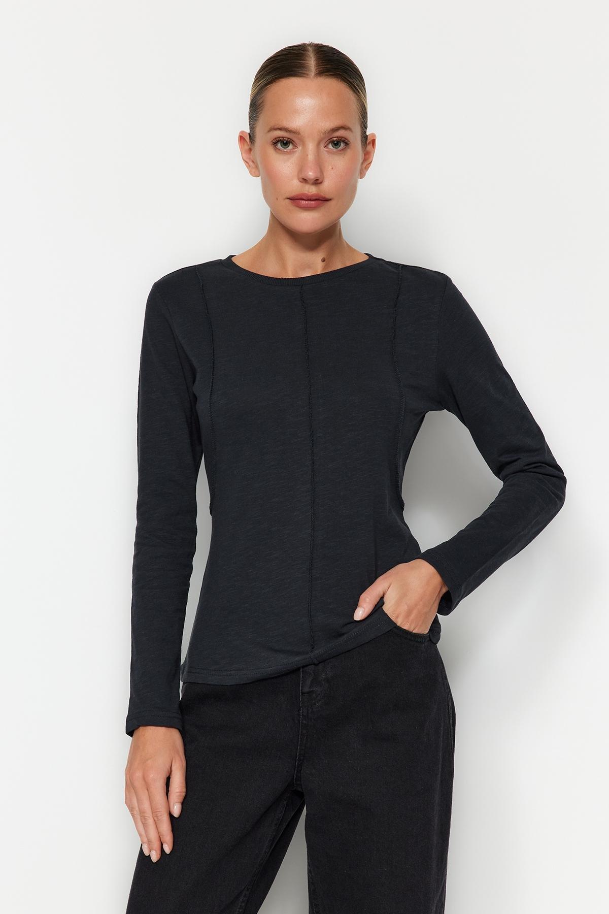 Grey Crew Neck Detailed Knitted T-Shirt, , large image number 1