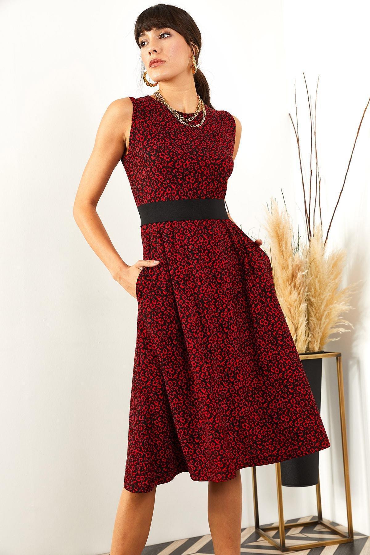 Red Patterned Flared Dress, , large image number 0