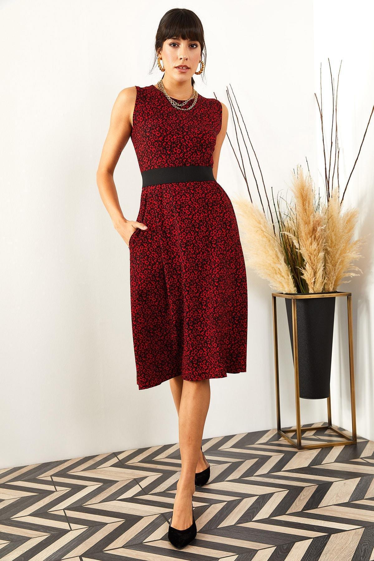 Red Patterned Flared Dress, , large image number 1