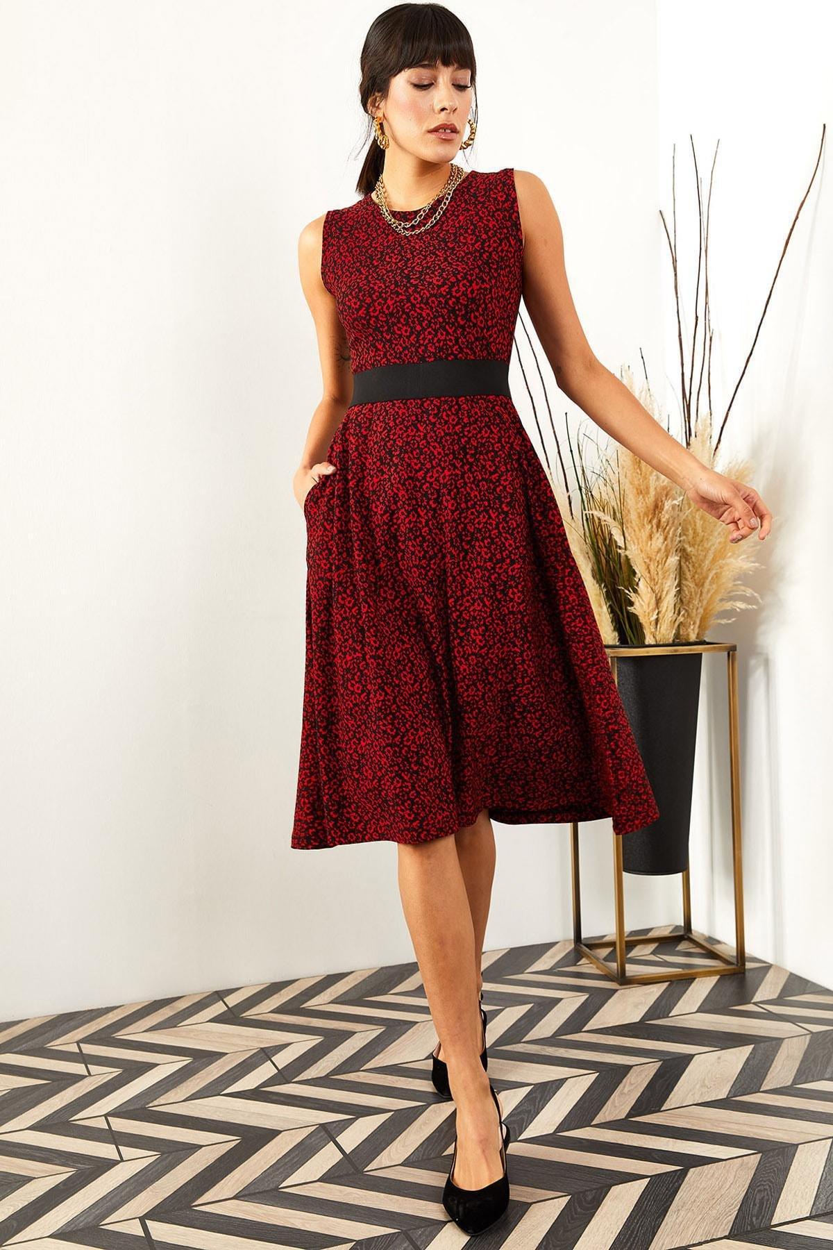 Red Patterned Flared Dress, , large image number 2