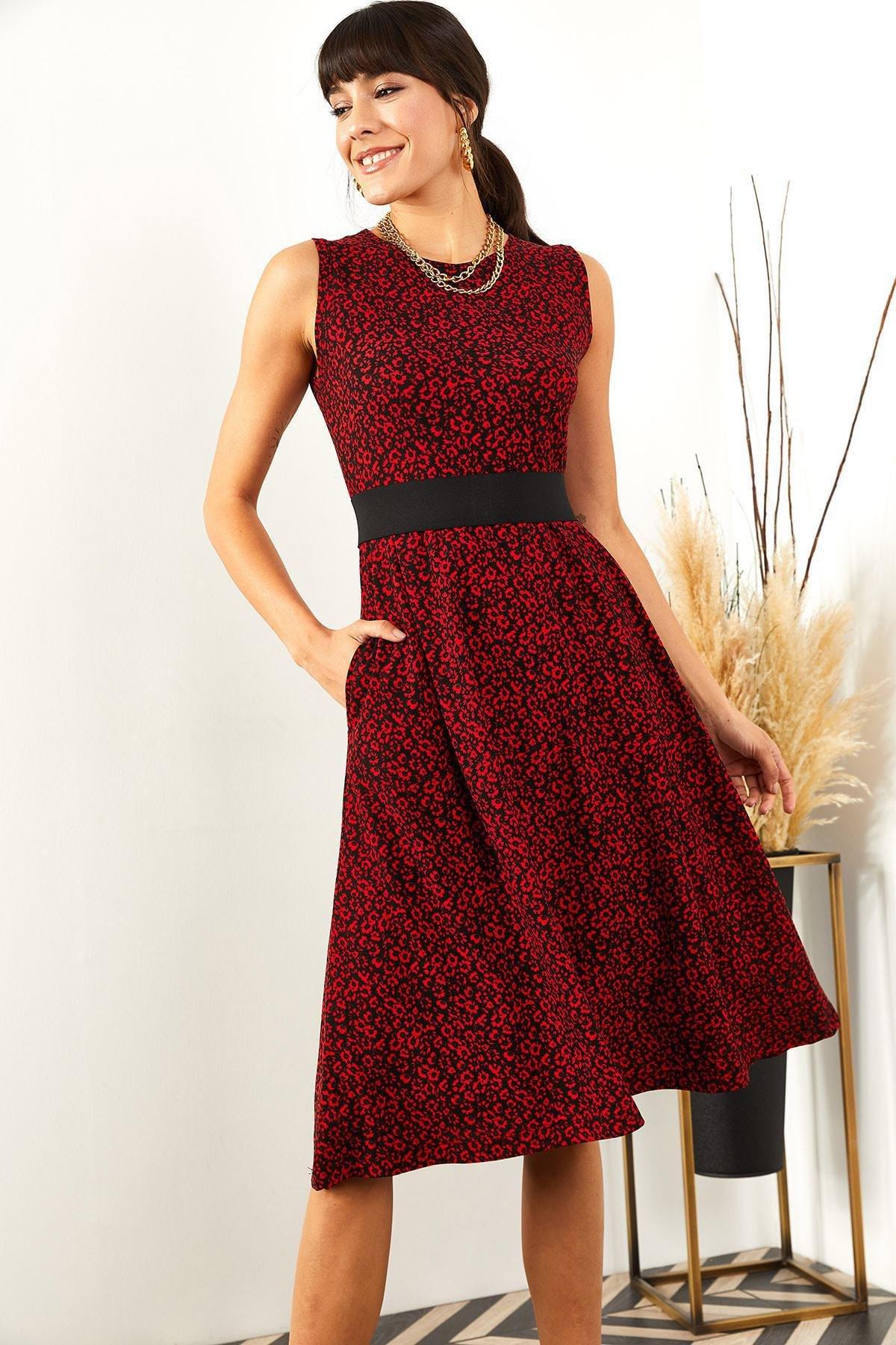 Red Patterned Flared Dress, , large image number 3