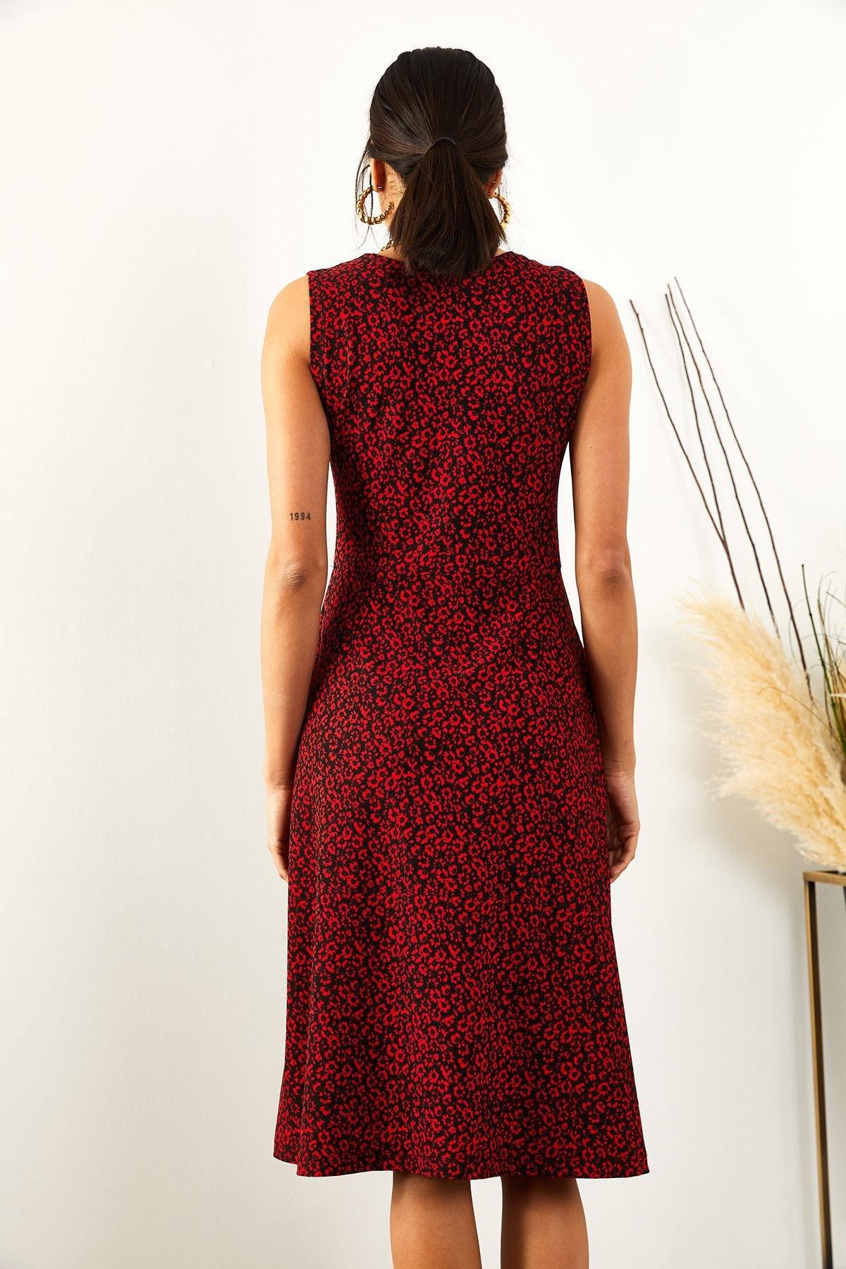 Red Patterned Flared Dress, , large image number 4