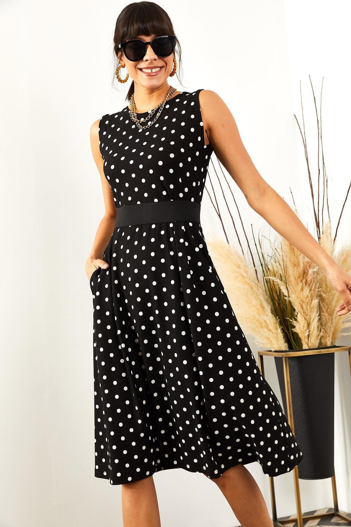 Black Polka-Dot Flared Dress, , large image number 0