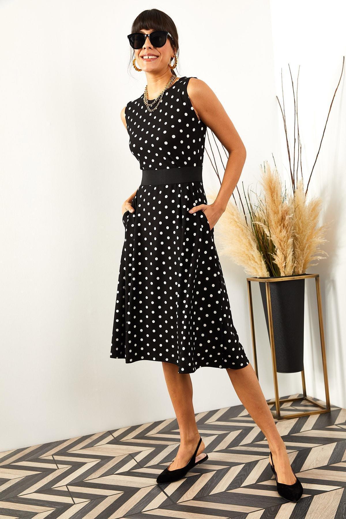 Black Polka-Dot Flared Dress, , large image number 1