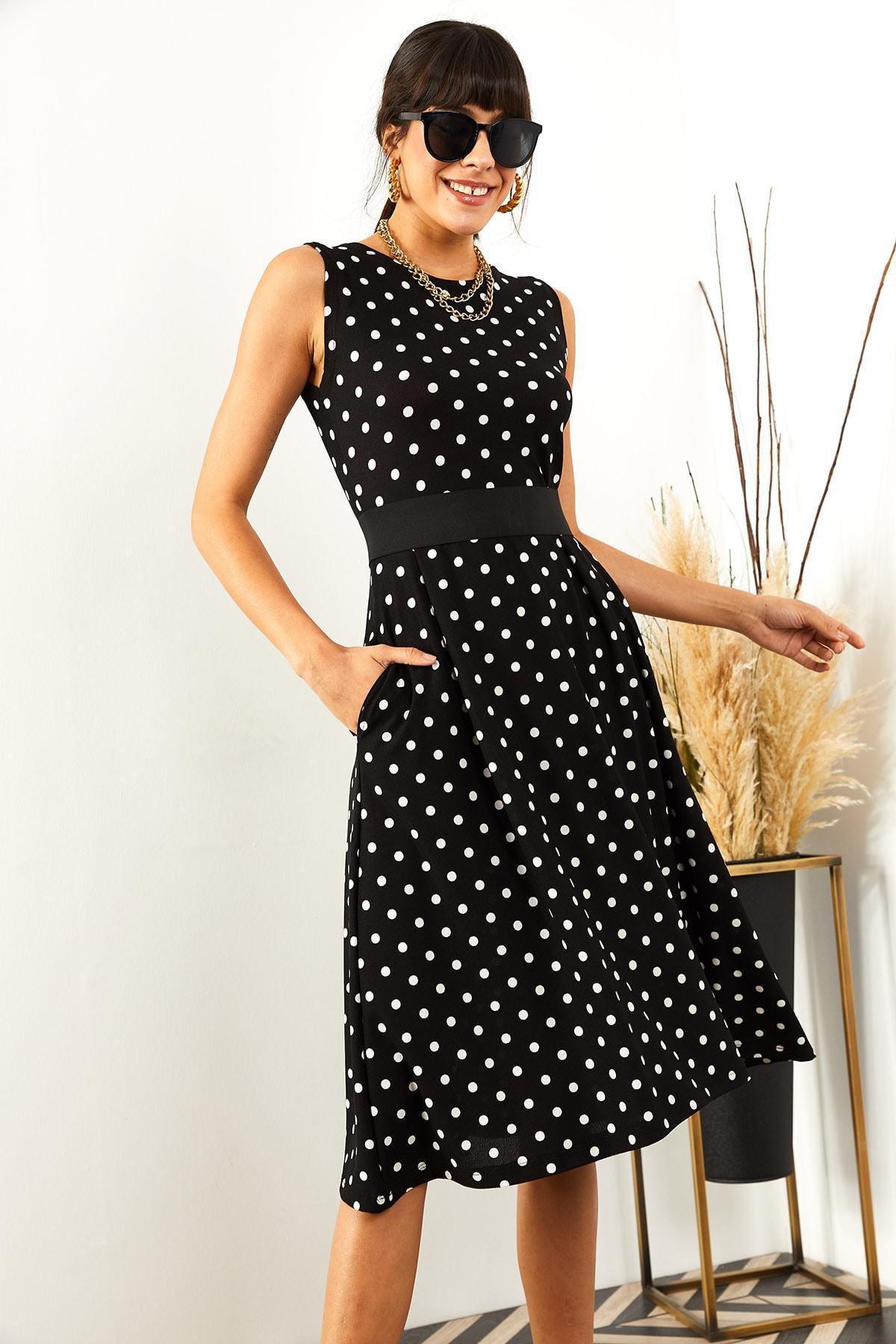 Black Polka-Dot Flared Dress, , large image number 2