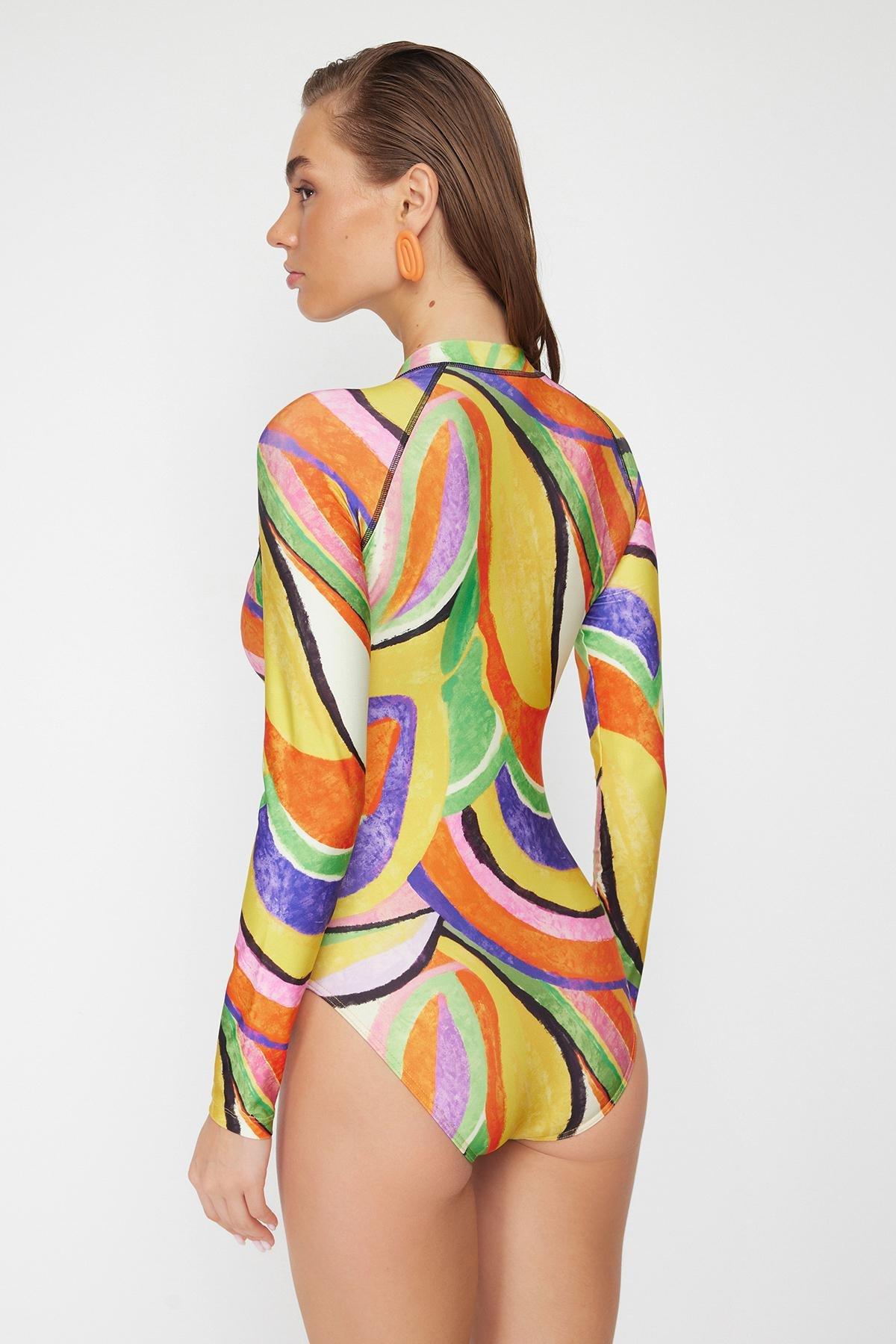 Multicolour Patterned Sleeve Swimsuit, , large image number 4