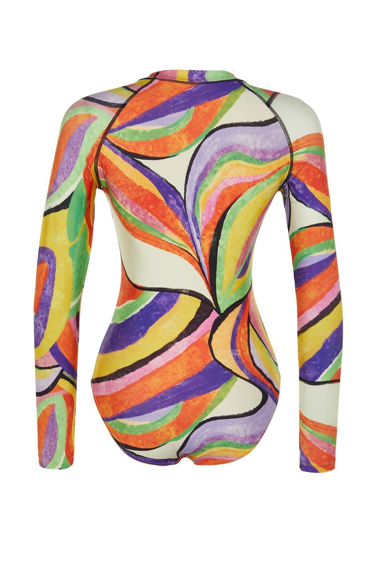 Multicolour Patterned Sleeve Swimsuit, , large image number 6