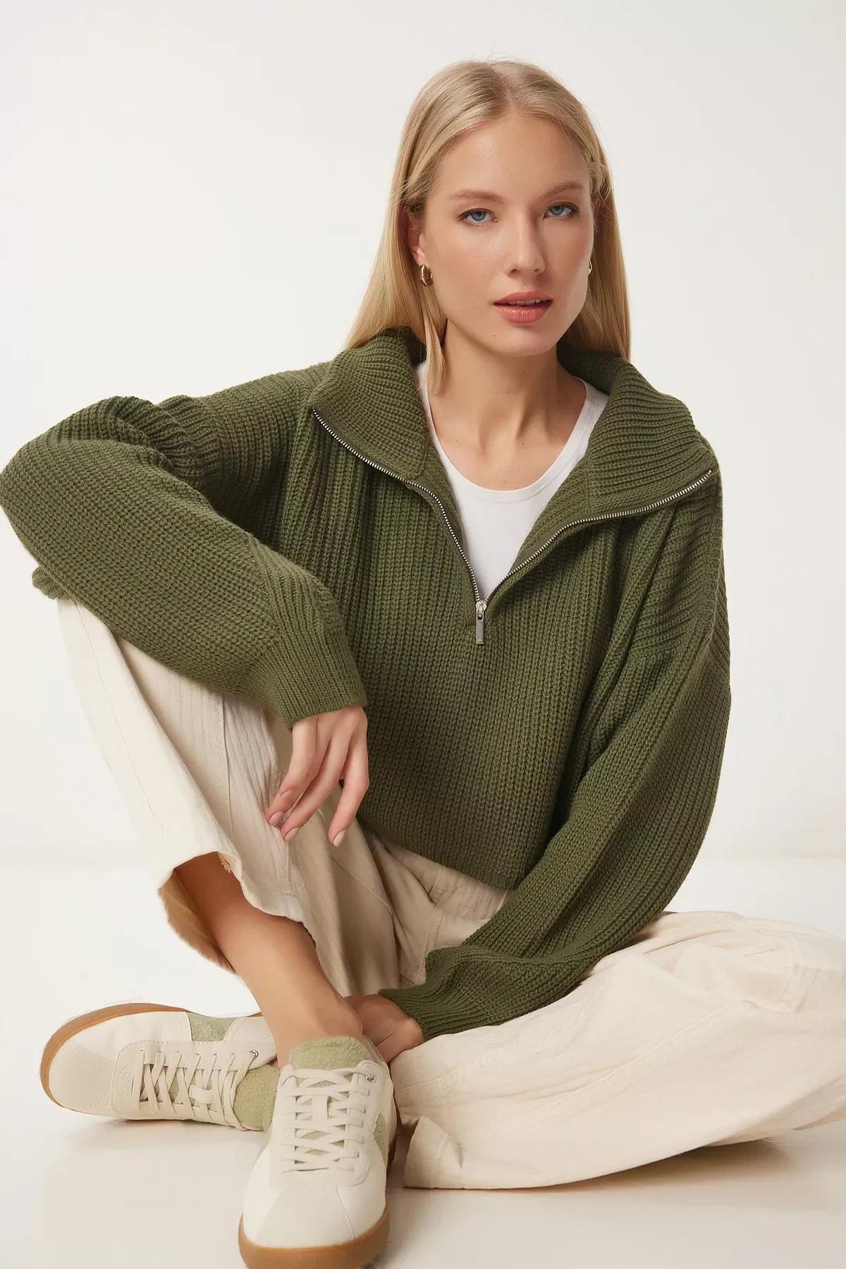 Green Zip Turtleneck Knit Sweater, Khaki, large image number 0