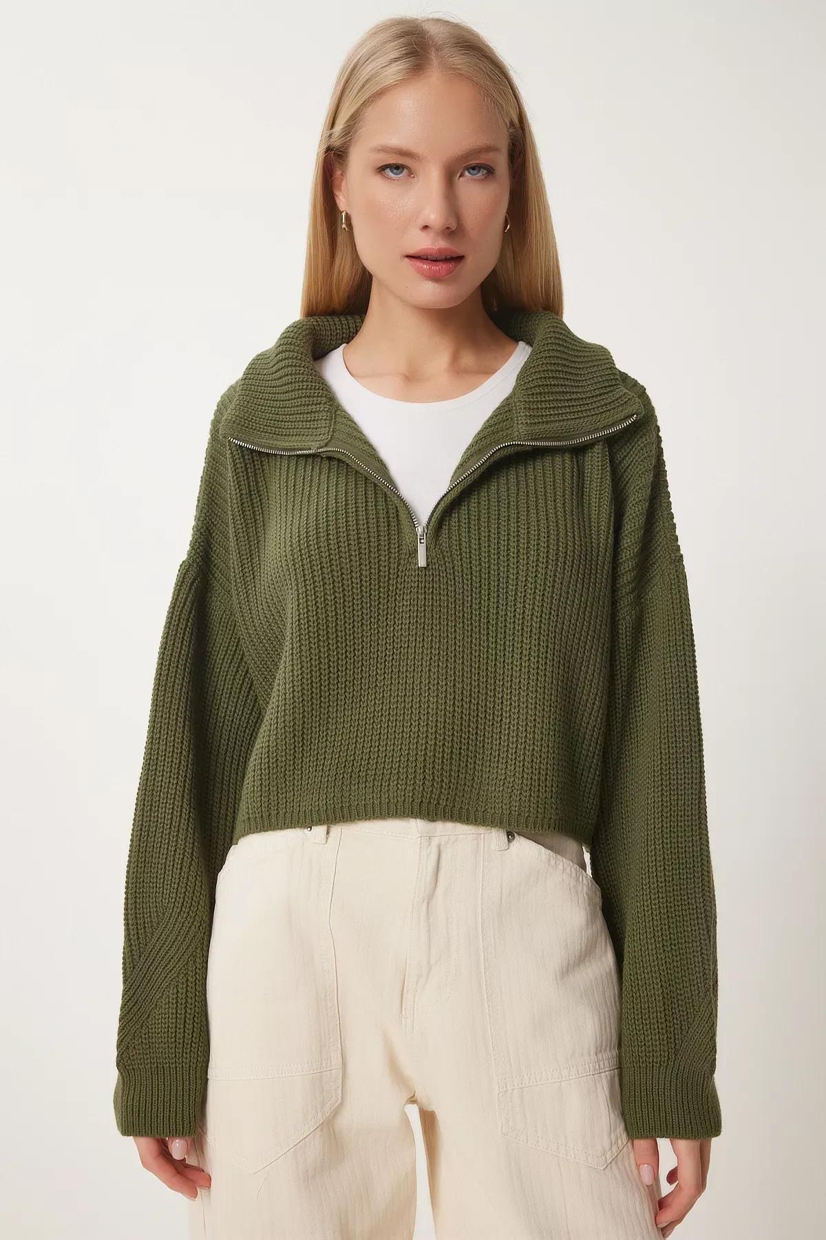 Green Zip Turtleneck Knit Sweater, Khaki, large image number 1