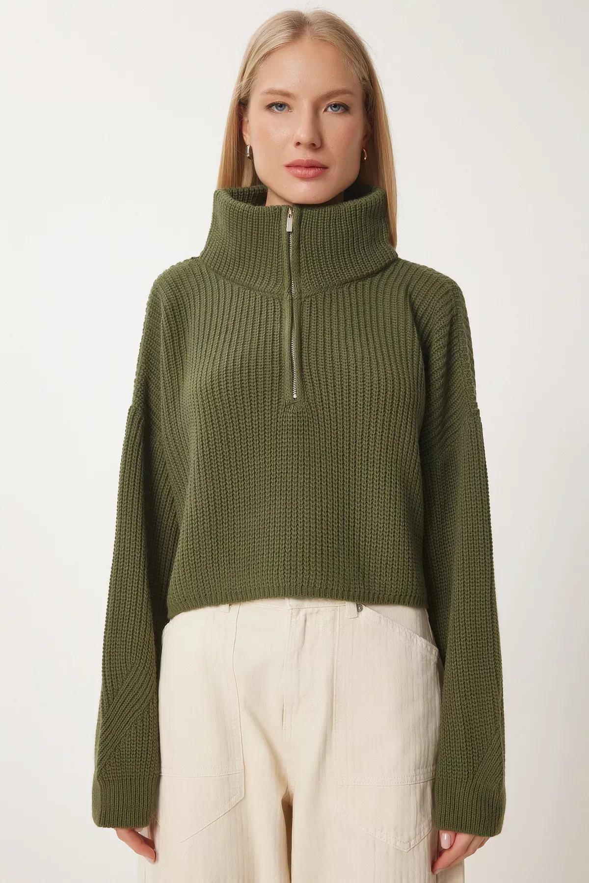 Green Zip Turtleneck Knit Sweater, Khaki, large image number 2