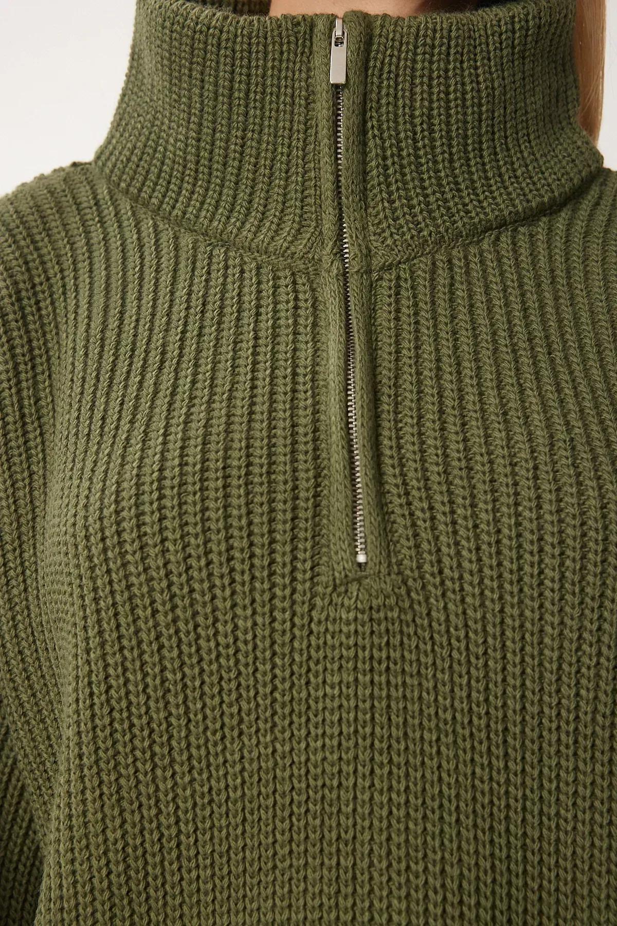Green Zip Turtleneck Knit Sweater, Khaki, large image number 3