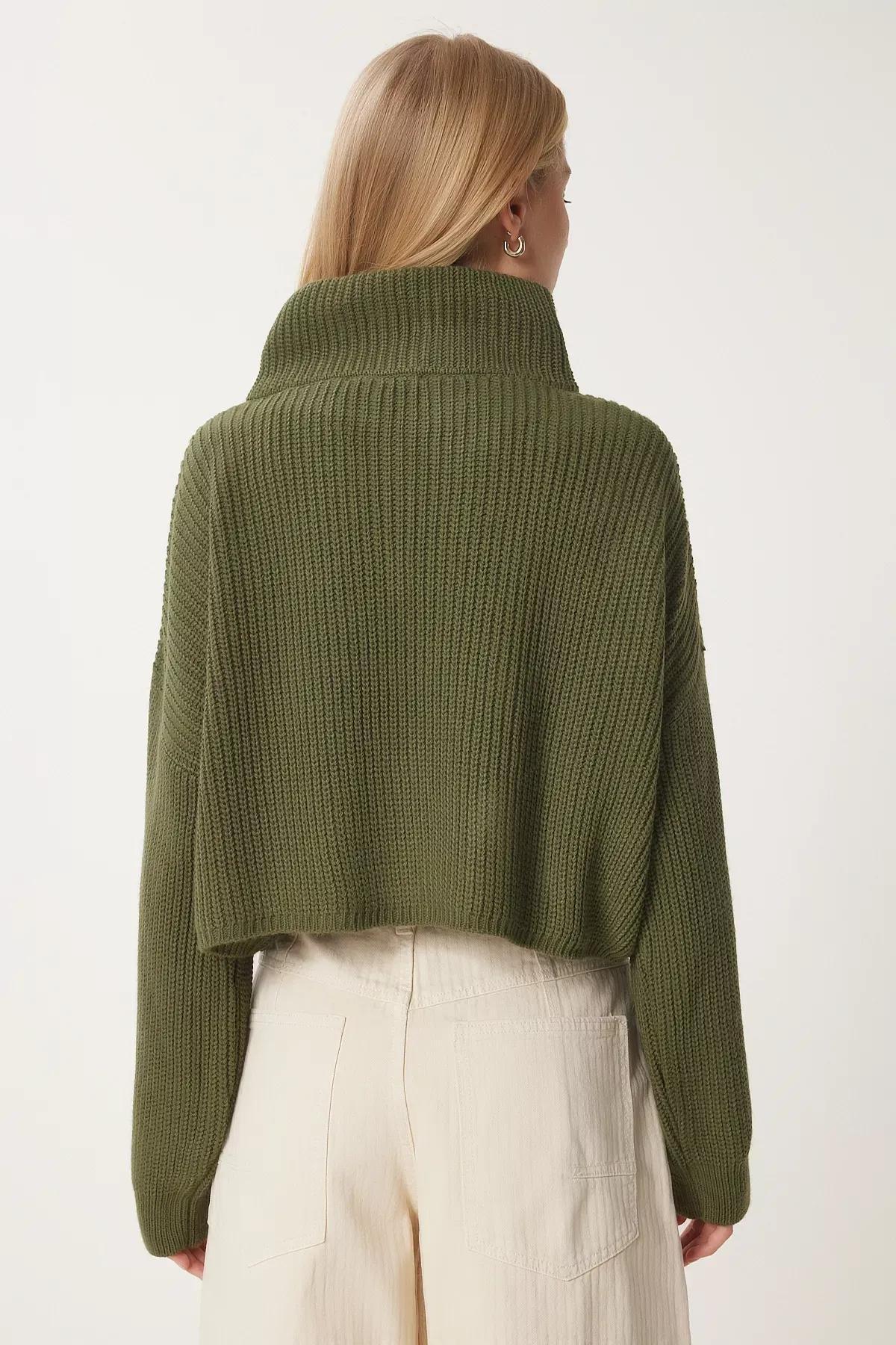 Green Zip Turtleneck Knit Sweater, Khaki, large image number 4