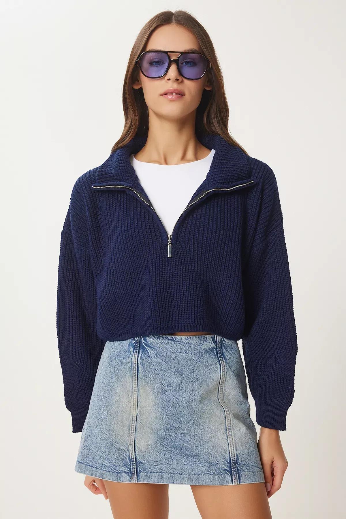 Navy Zippered Turtleneck Knitted Sweater, Navy blue, large image number 0