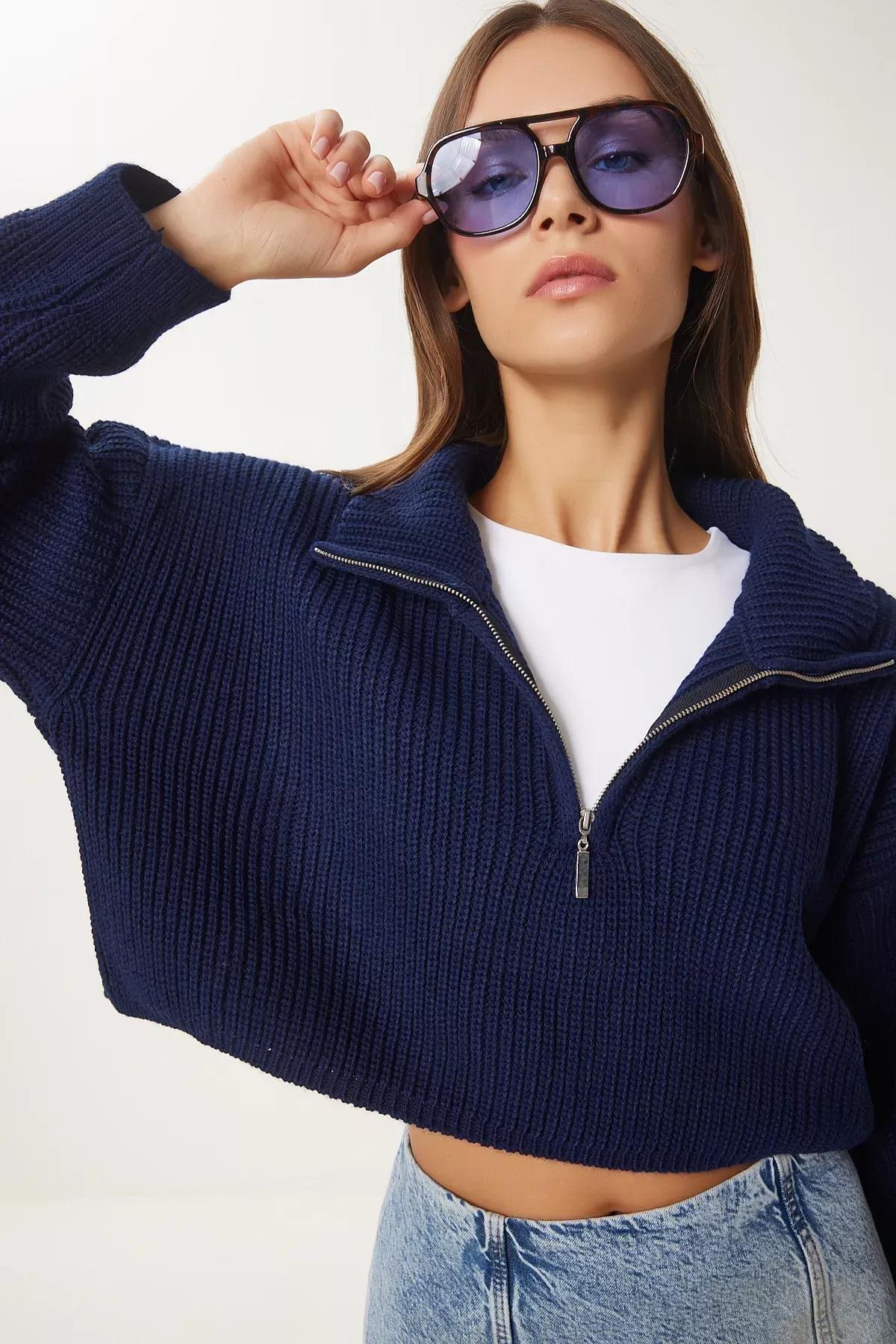 Navy Zippered Turtleneck Knitted Sweater, Navy blue, large image number 1