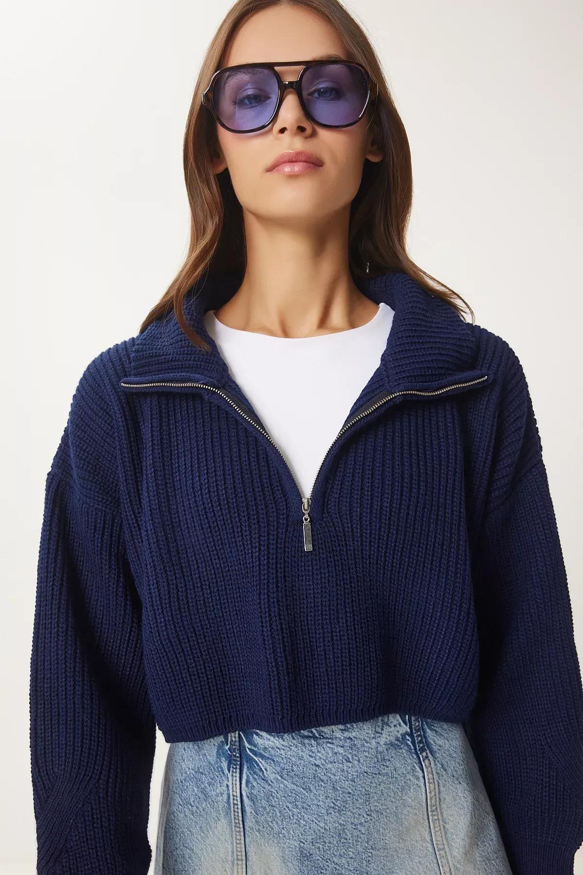 Navy Zippered Turtleneck Knitted Sweater, Navy blue, large image number 3