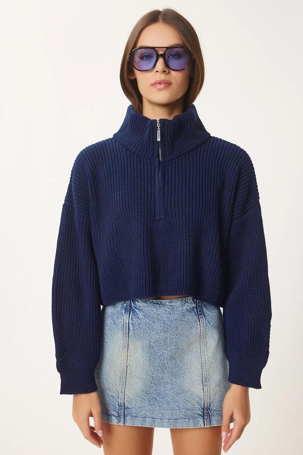 Navy Zippered Turtleneck Knitted Sweater, Navy blue, large image number 4