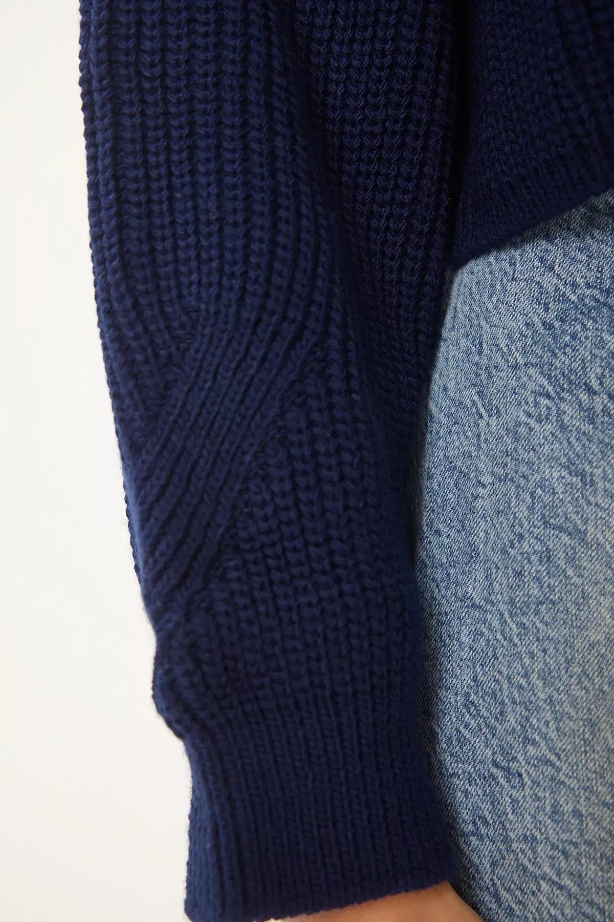 Navy Zippered Turtleneck Knitted Sweater, Navy blue, large image number 5