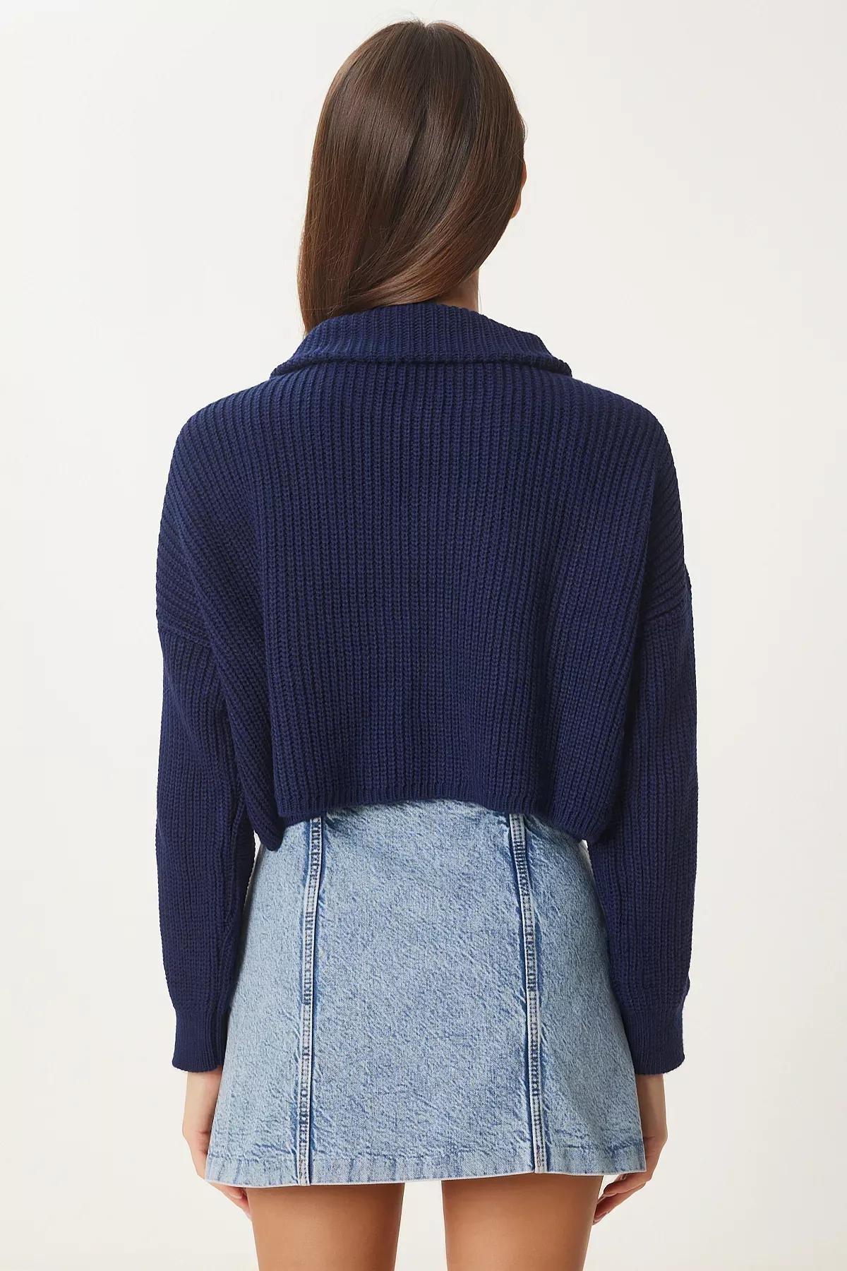 Navy Zippered Turtleneck Knitted Sweater, Navy blue, large image number 6