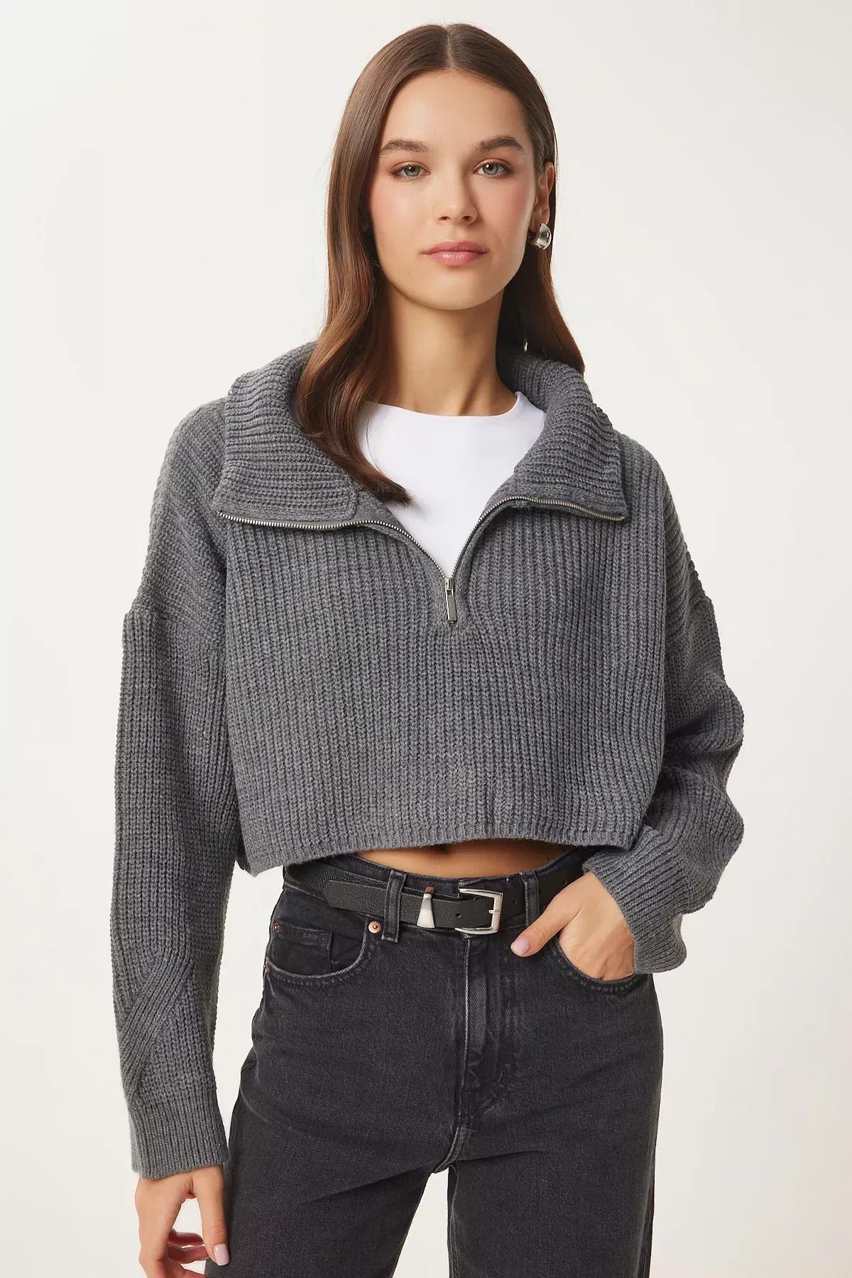 Grey Zippered Turtleneck Knitted Sweater, Anthracite, large image number 0