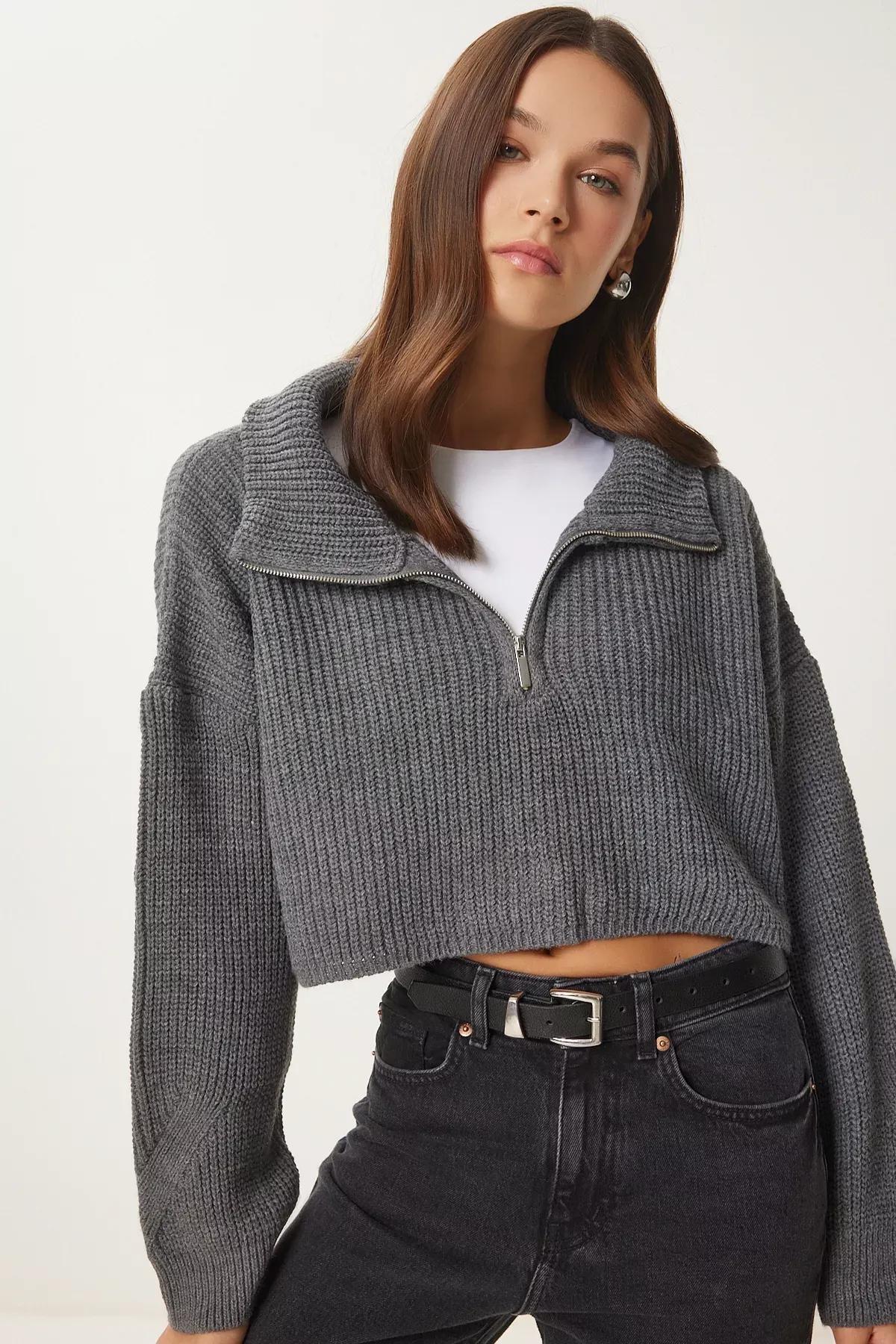 Grey Zippered Turtleneck Knitted Sweater, Anthracite, large image number 1