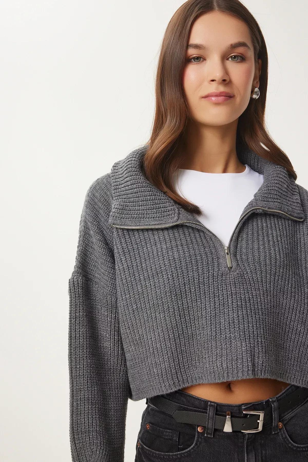 Grey Zippered Turtleneck Knitted Sweater, Anthracite, large image number 2