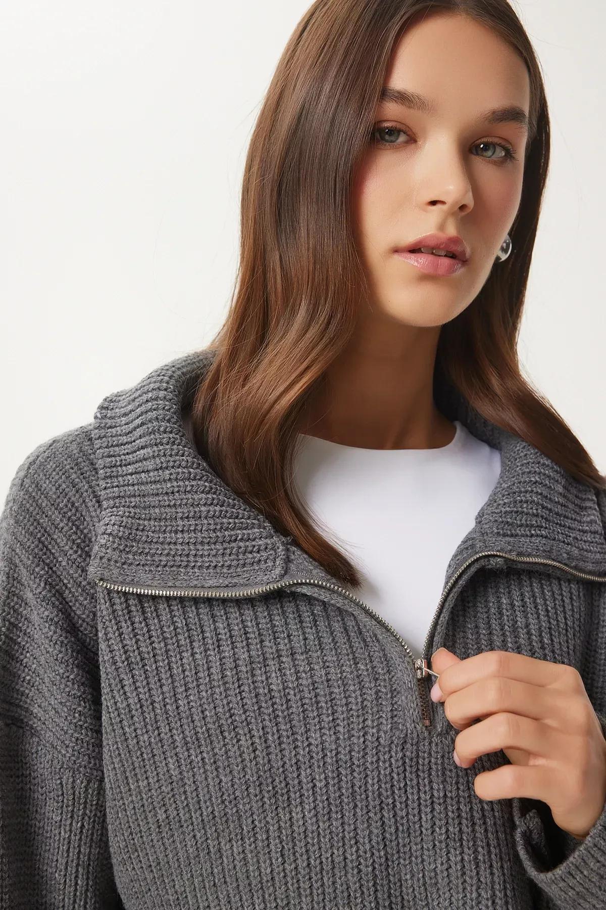 Grey Zippered Turtleneck Knitted Sweater, Anthracite, large image number 3