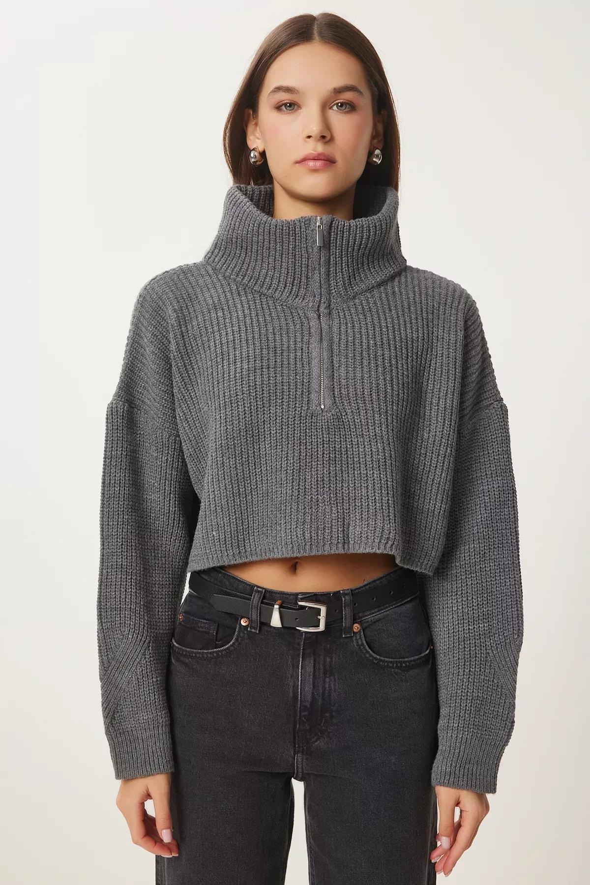 Grey Zippered Turtleneck Knitted Sweater, Anthracite, large image number 4