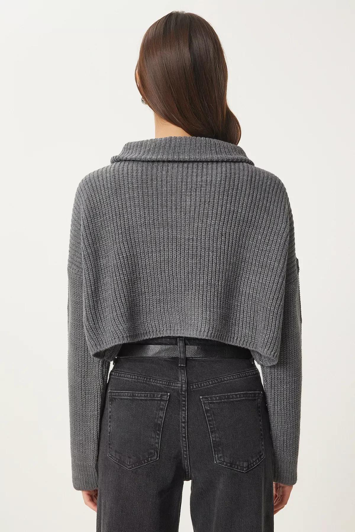 Grey Zippered Turtleneck Knitted Sweater, Anthracite, large image number 6