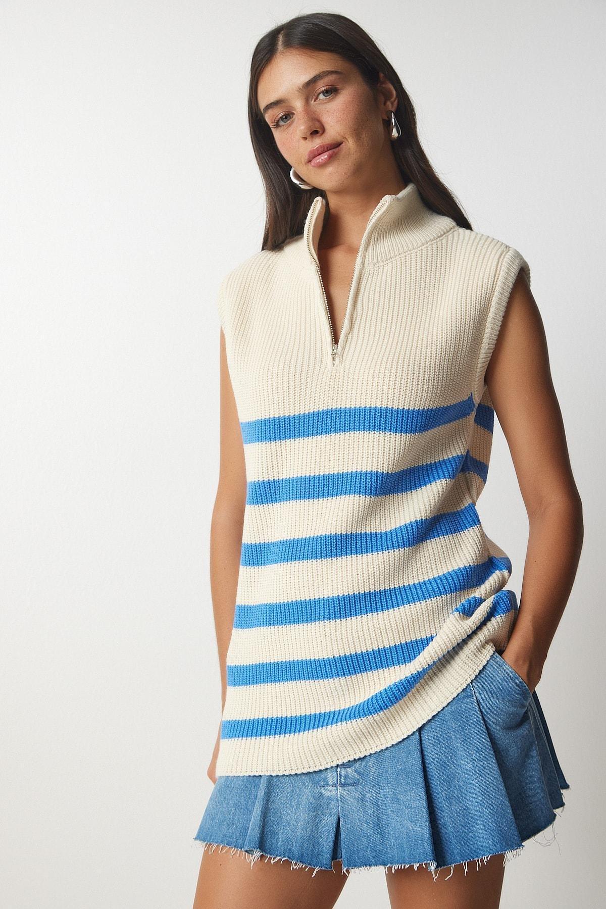 Blue Zippered Collar Striped Sweater, Cream Blue, large image number 0