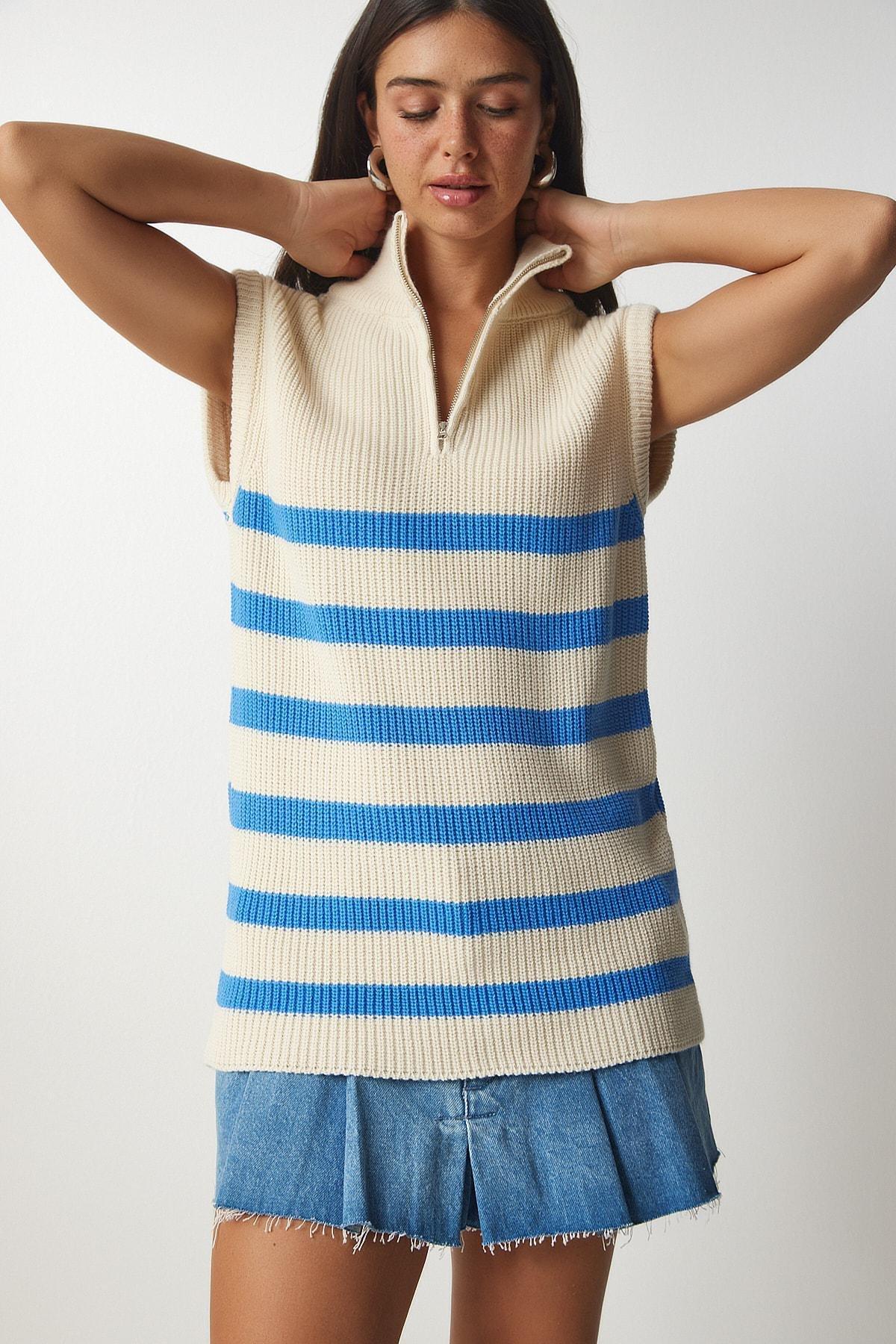 Blue Zippered Collar Striped Sweater, Cream Blue, large image number 1