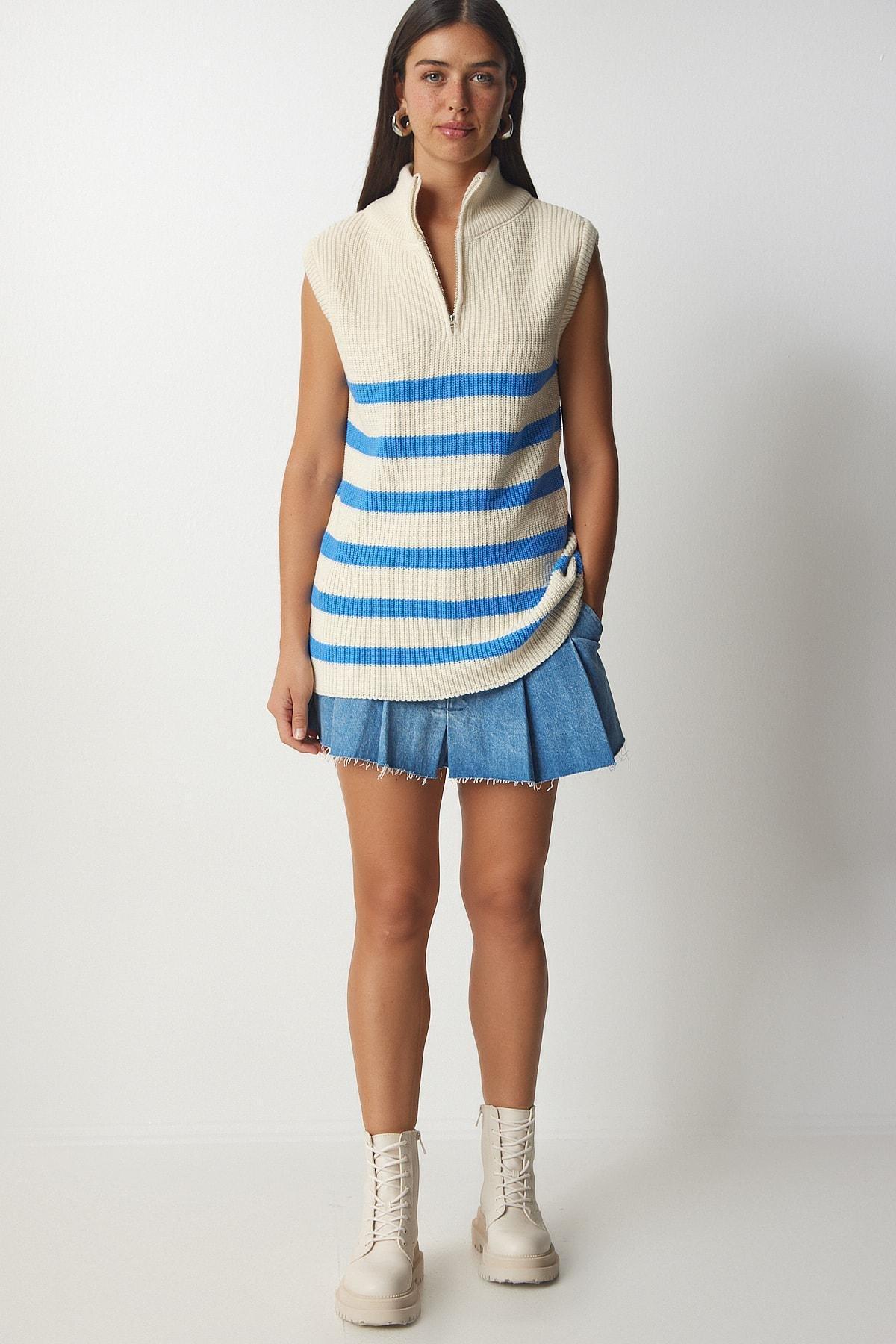 Blue Zippered Collar Striped Sweater, Cream Blue, large image number 2