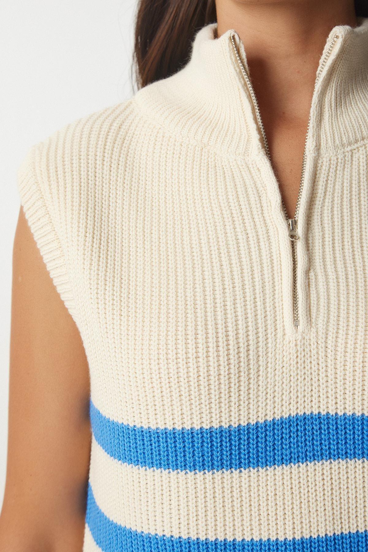 Blue Zippered Collar Striped Sweater, Cream Blue, large image number 3