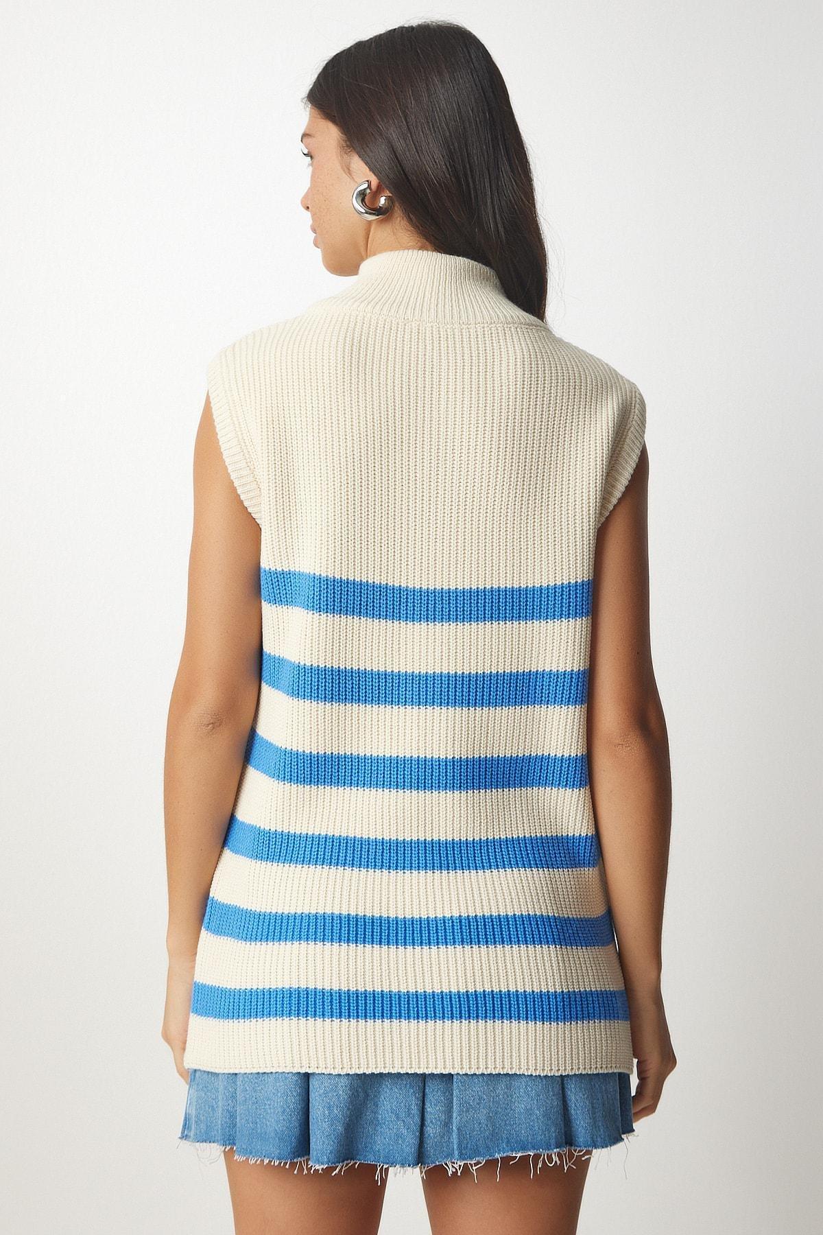 Blue Zippered Collar Striped Sweater, Cream Blue, large image number 4