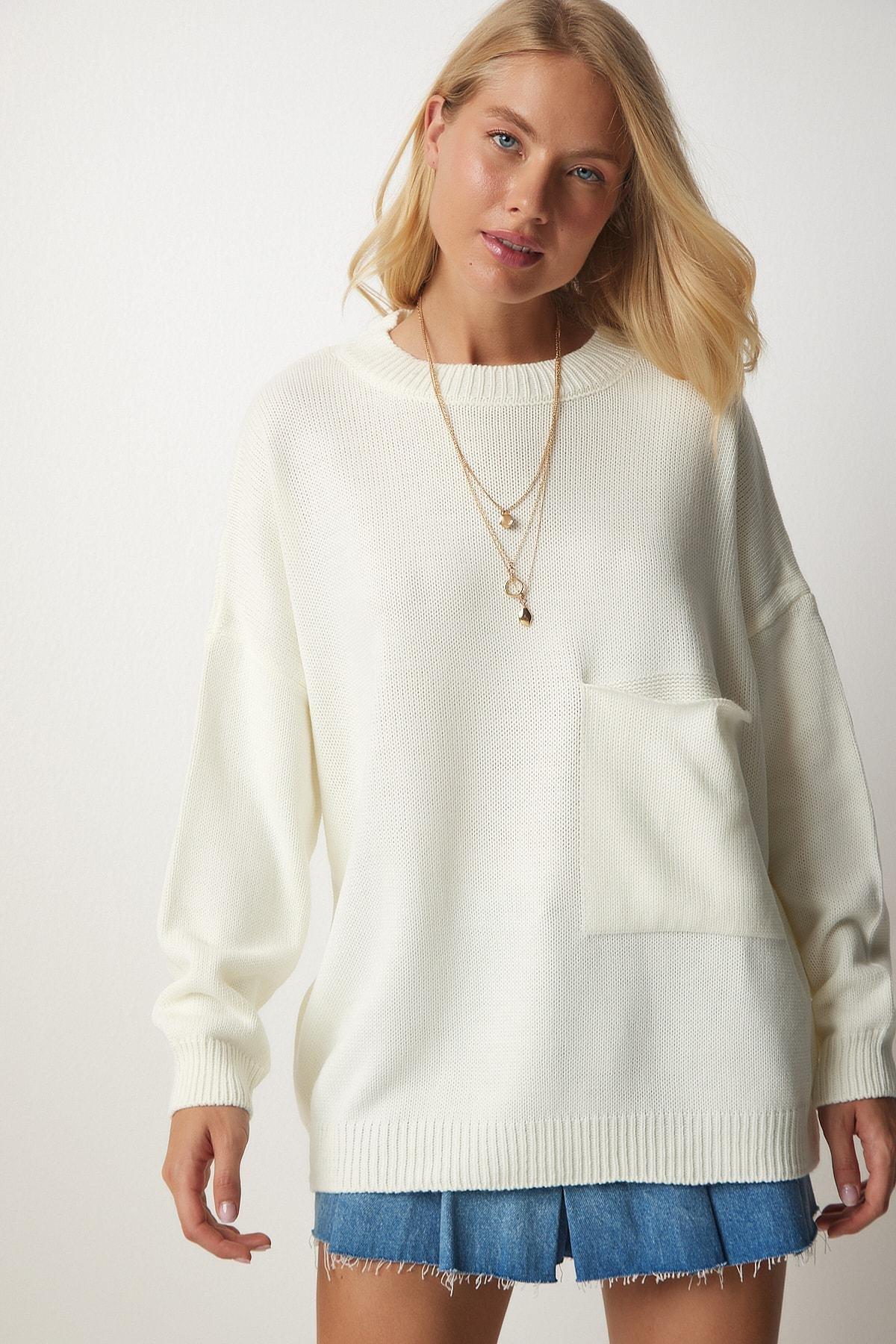 Cream Pocket Detailed Knitwear Sweater, Bone, large image number 1