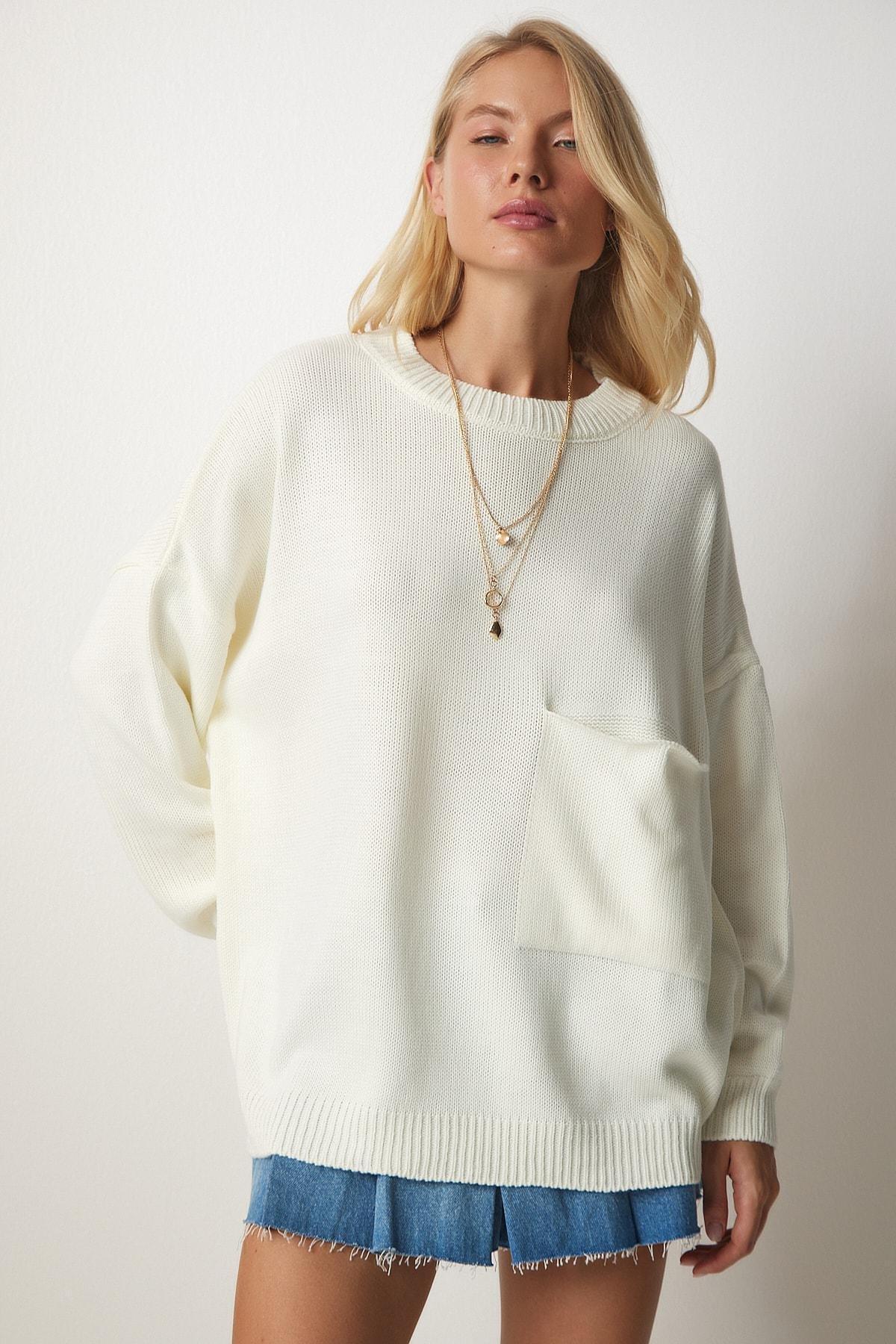 Cream Pocket Detailed Knitwear Sweater, Bone, large image number 2