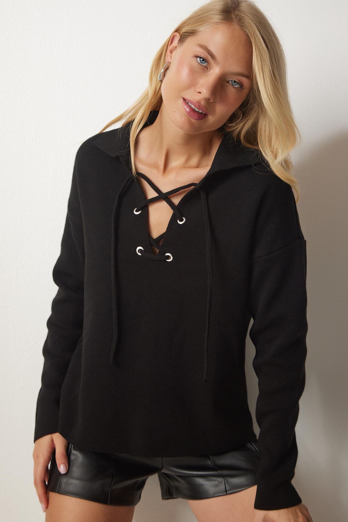 Black Lace-Up Knitwear Sweater, BLACK, large image number 3