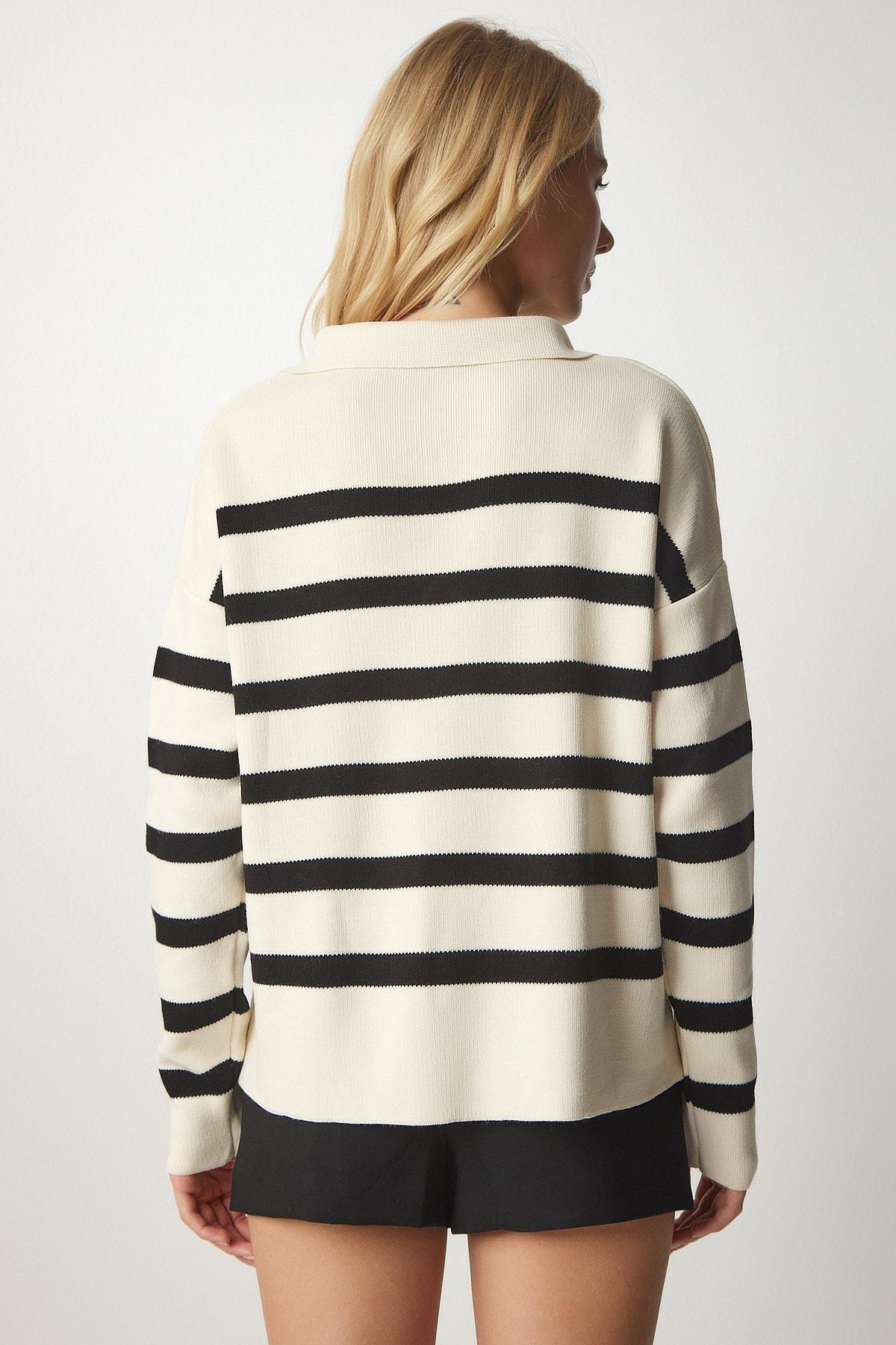 Cream Collar Laced Striped Knitwear Sweater, Cream, large image number 4