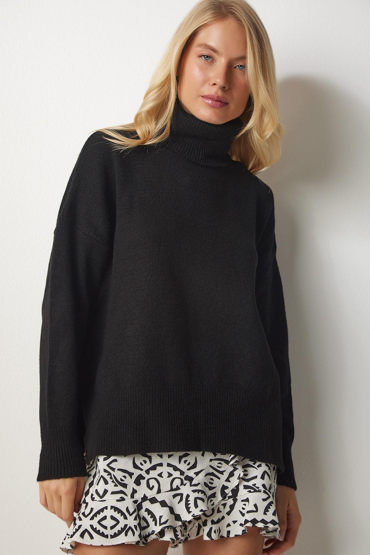 Black Turtleneck Knitwear Sweater, BLACK, large image number 0