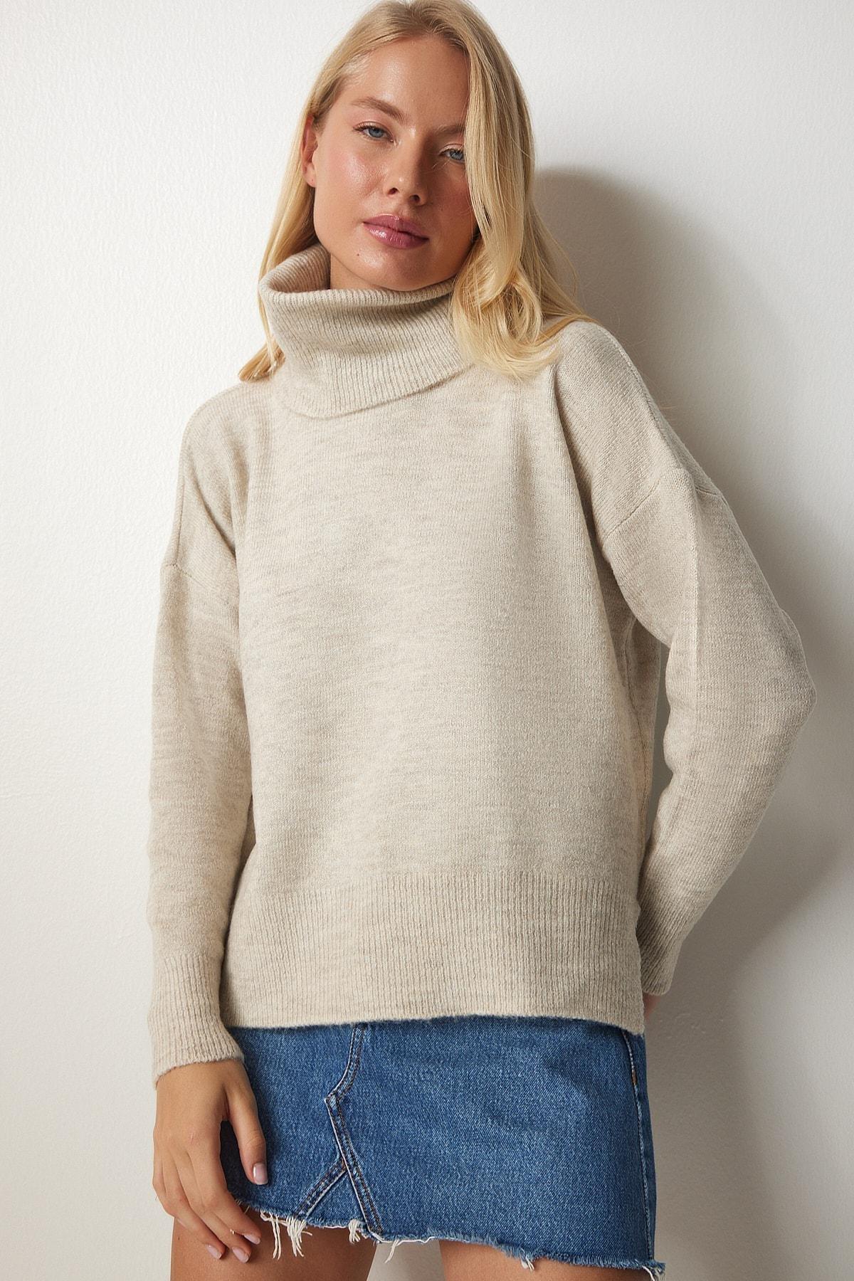 Beige Turtleneck Knitwear Sweater, STONE, large image number 0