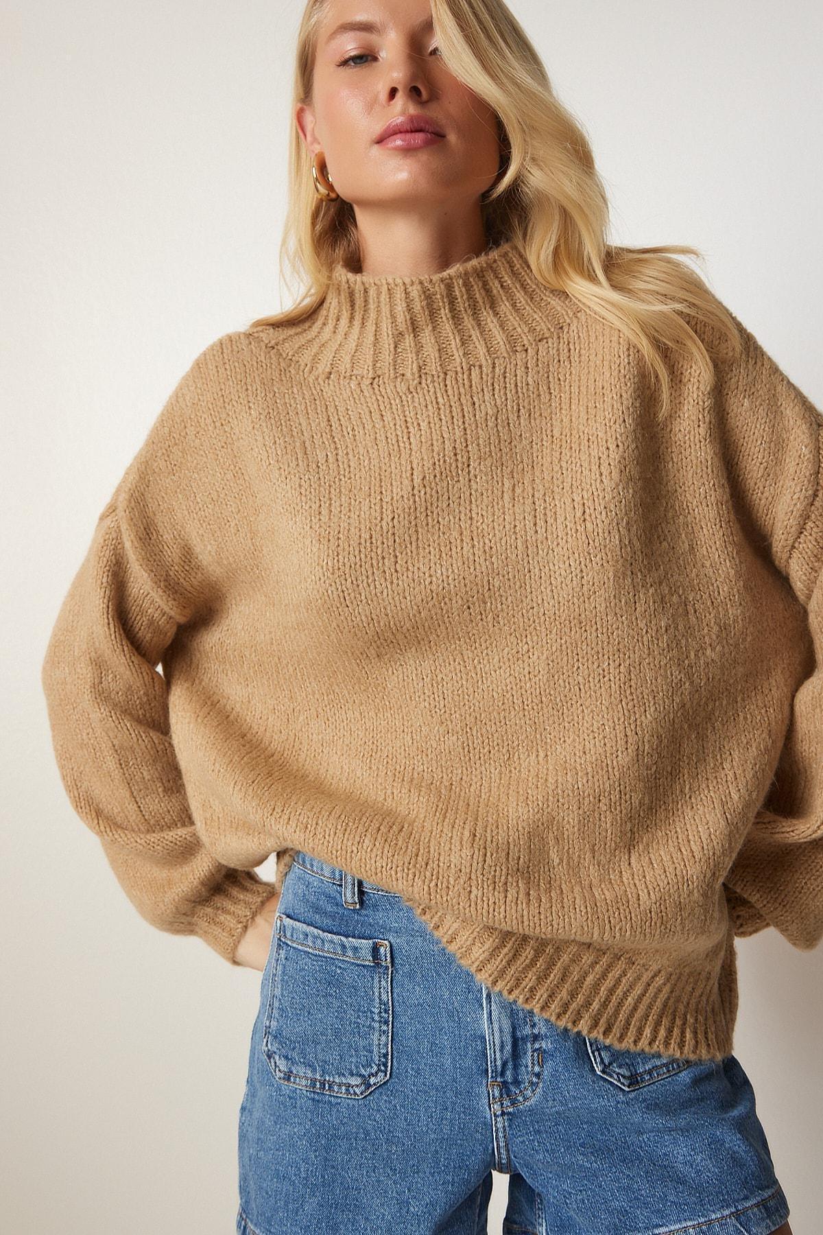 Brown Stand Knitwear Sweater, CAMEL, large image number 1