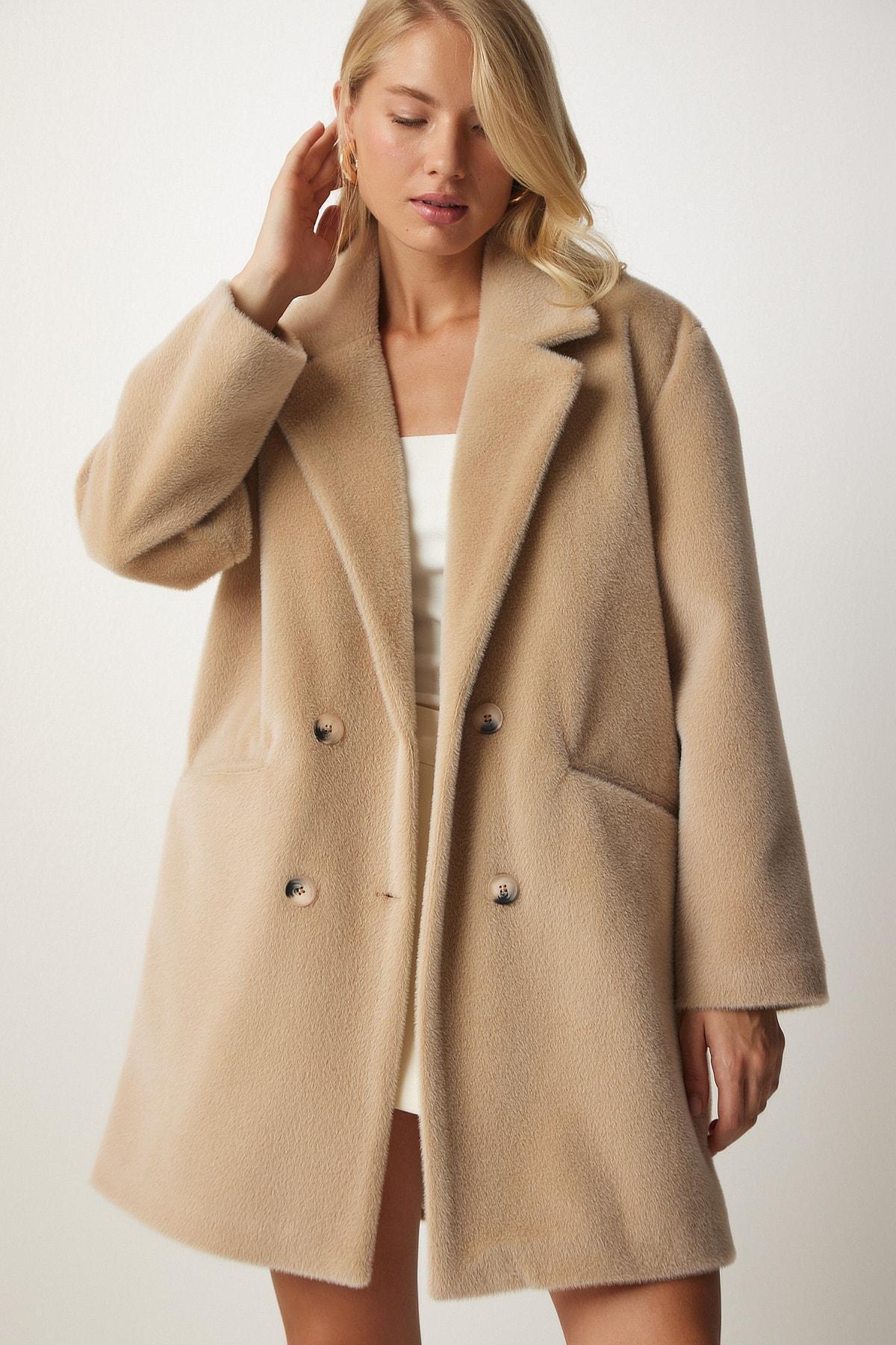Beige Rabbit Hair Look Oversized Coat, , large image number 0