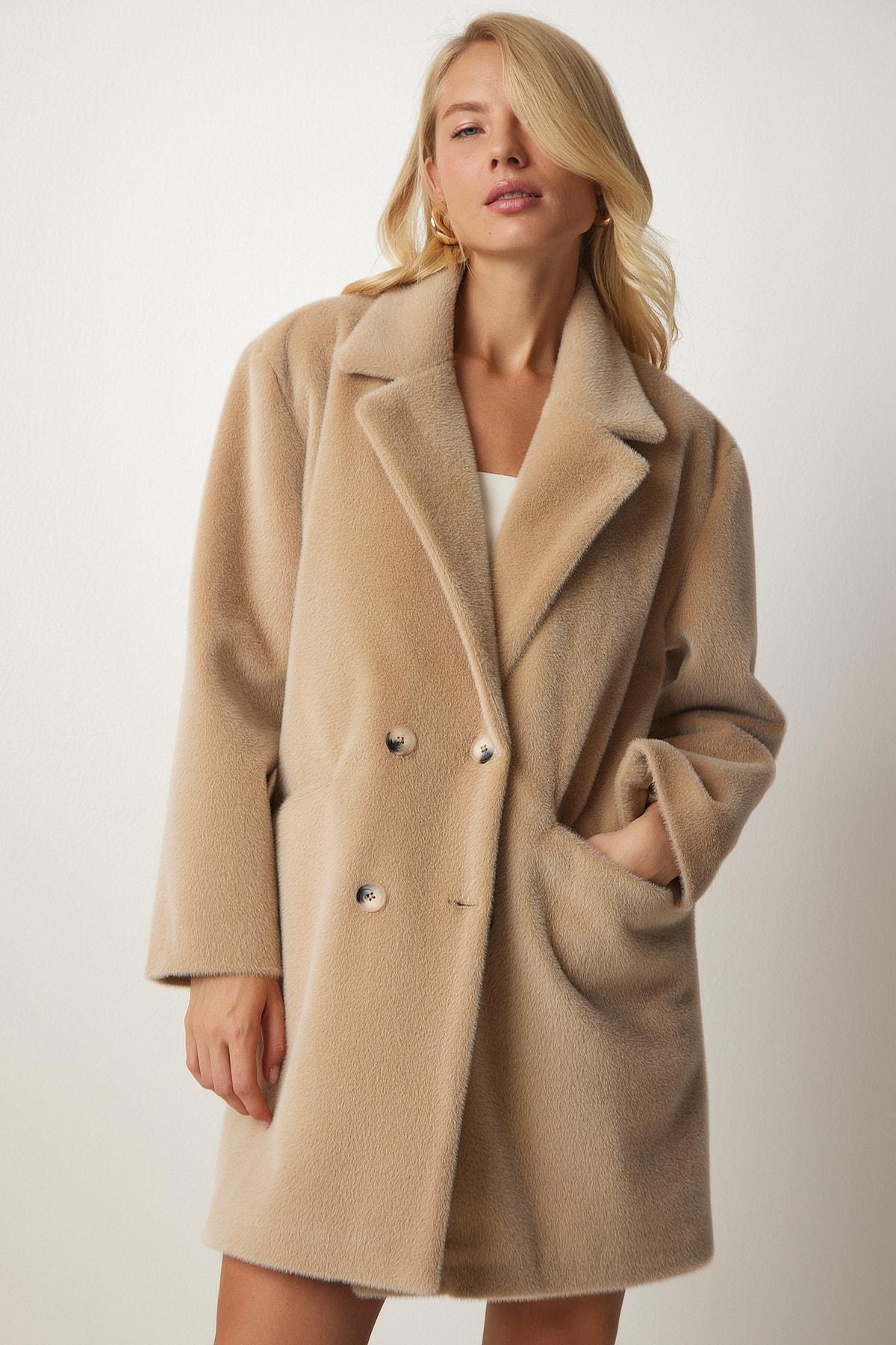 Beige Rabbit Hair Look Oversized Coat, , large image number 1
