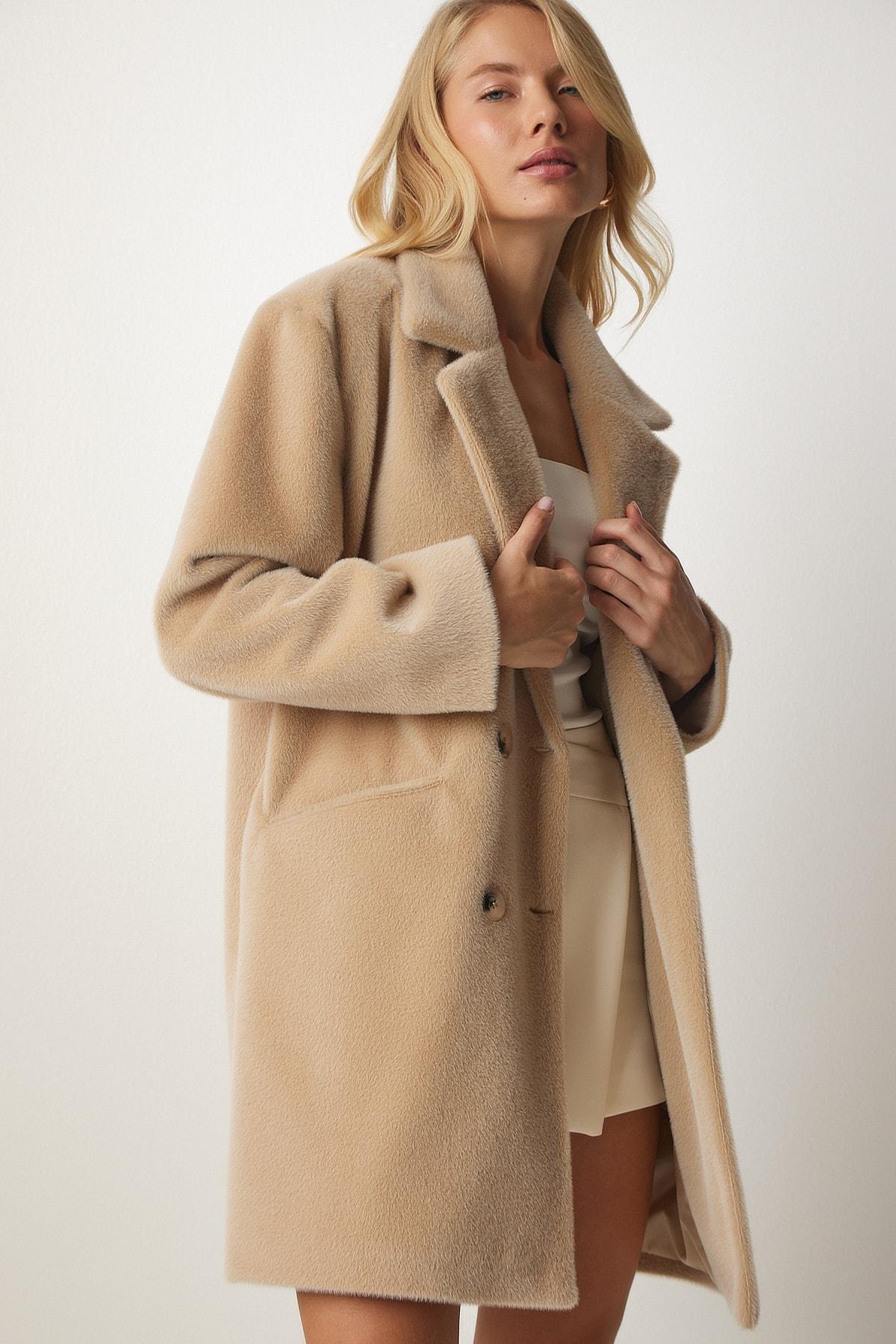Beige Rabbit Hair Look Oversized Coat, , large image number 2