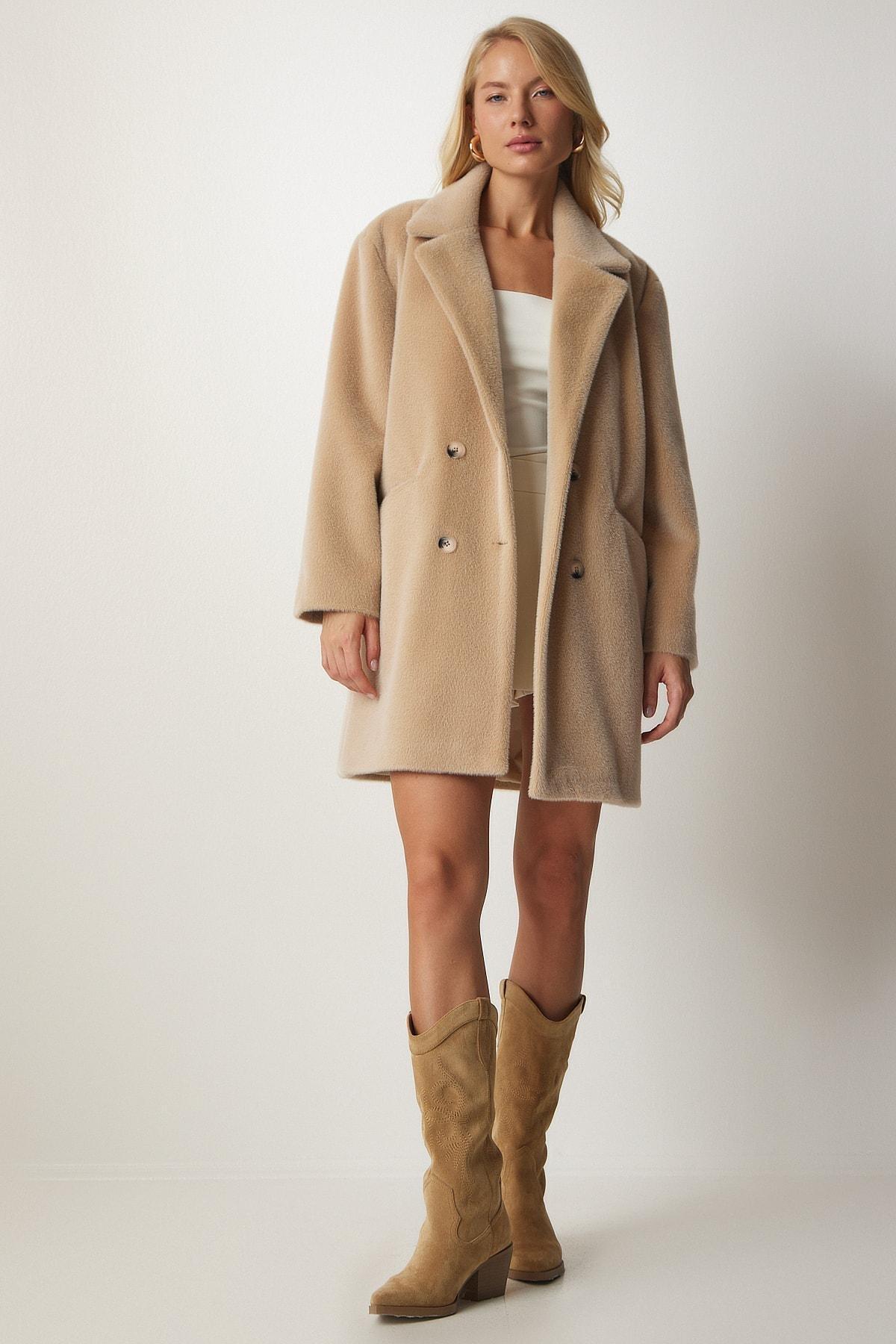 Beige Rabbit Hair Look Oversized Coat, , large image number 4