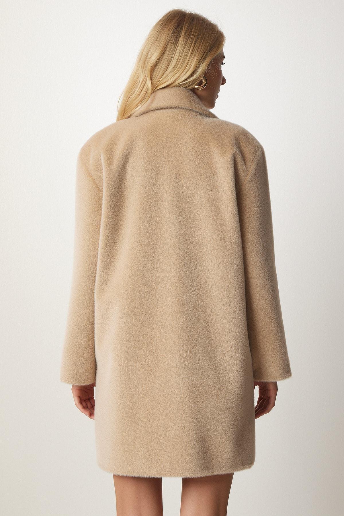 Beige Rabbit Hair Look Oversized Coat, , large image number 5