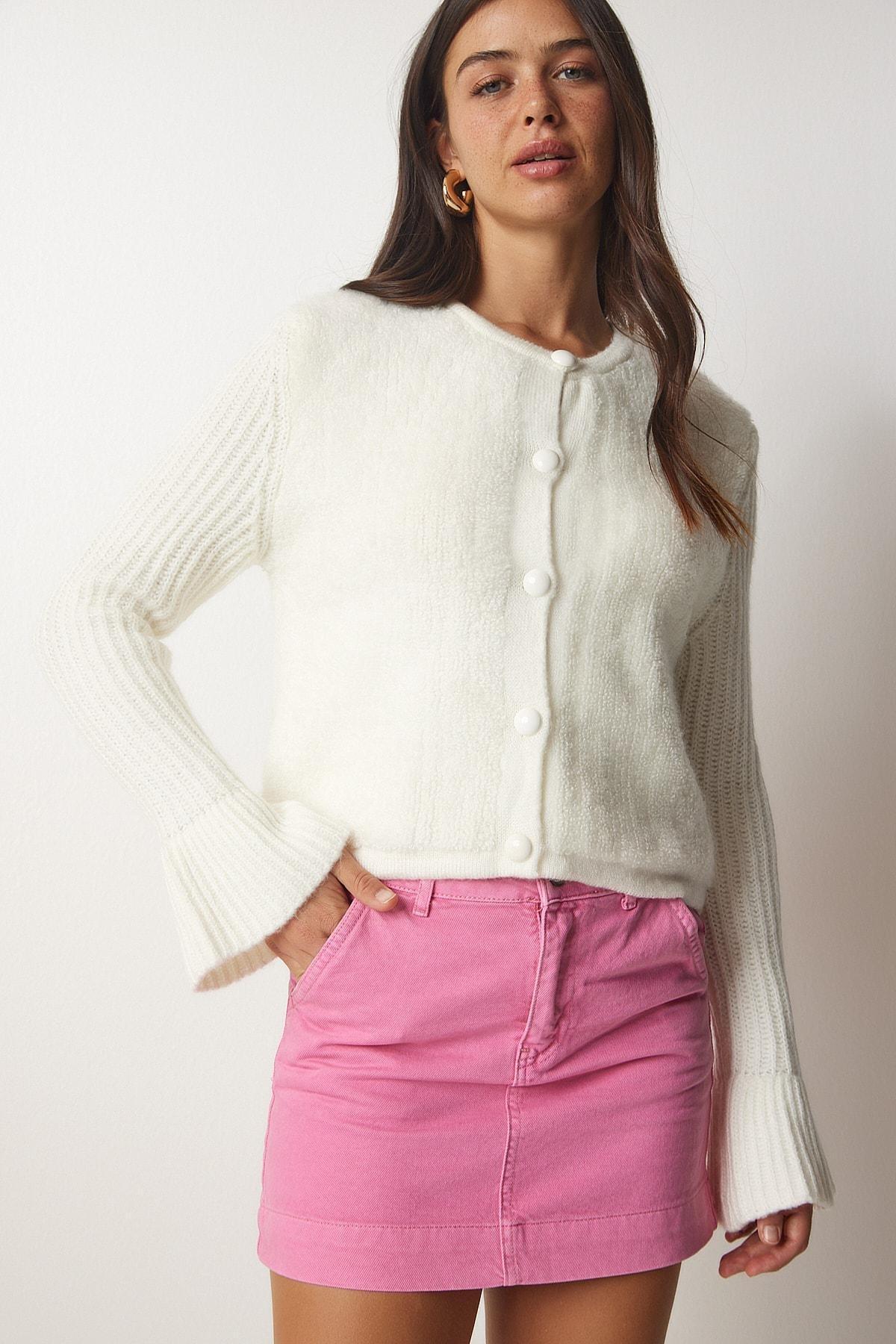 Cream Buttons Boucle Knitwear Cardigan, Bone, large image number 1