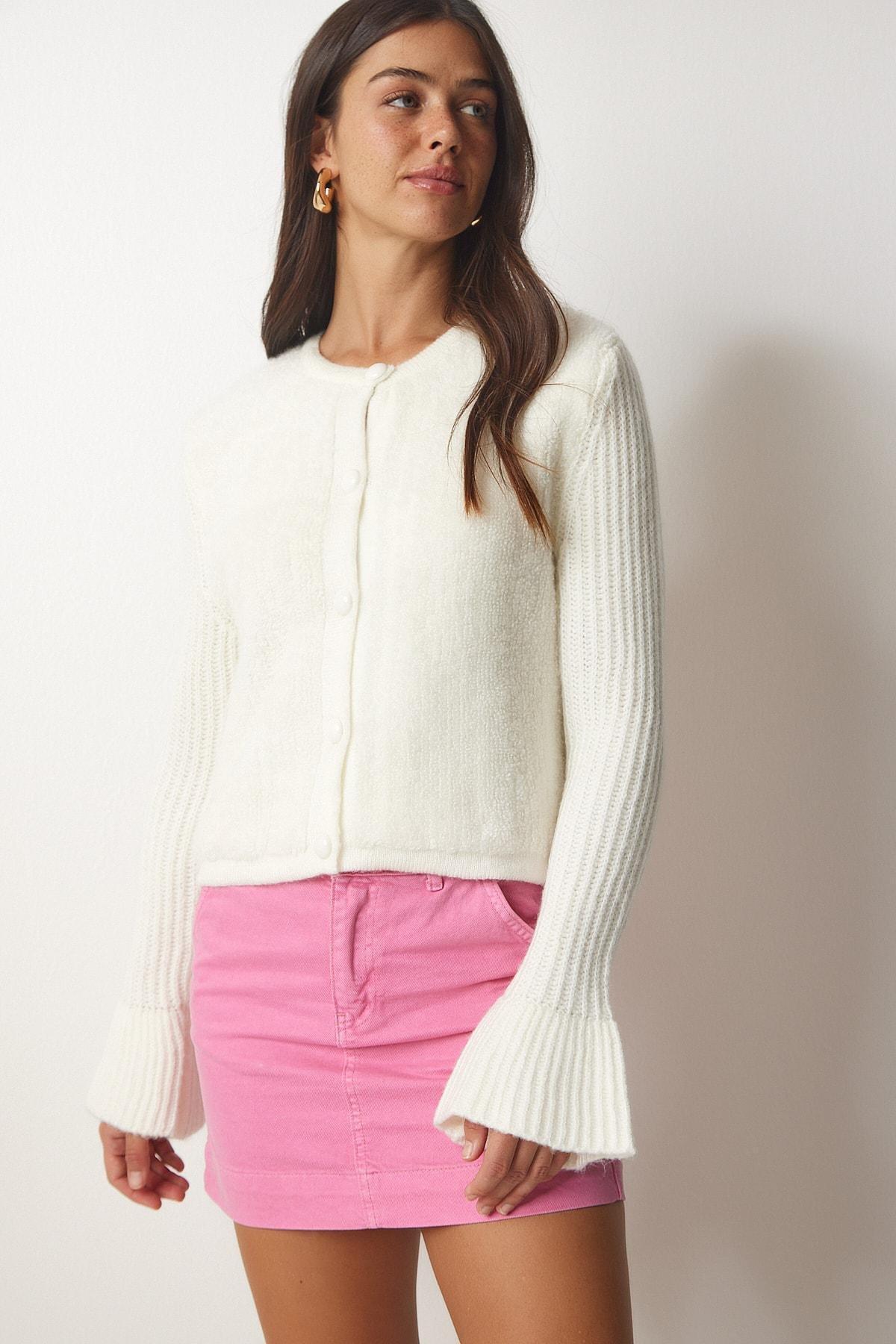 Cream Buttons Boucle Knitwear Cardigan, Bone, large image number 2